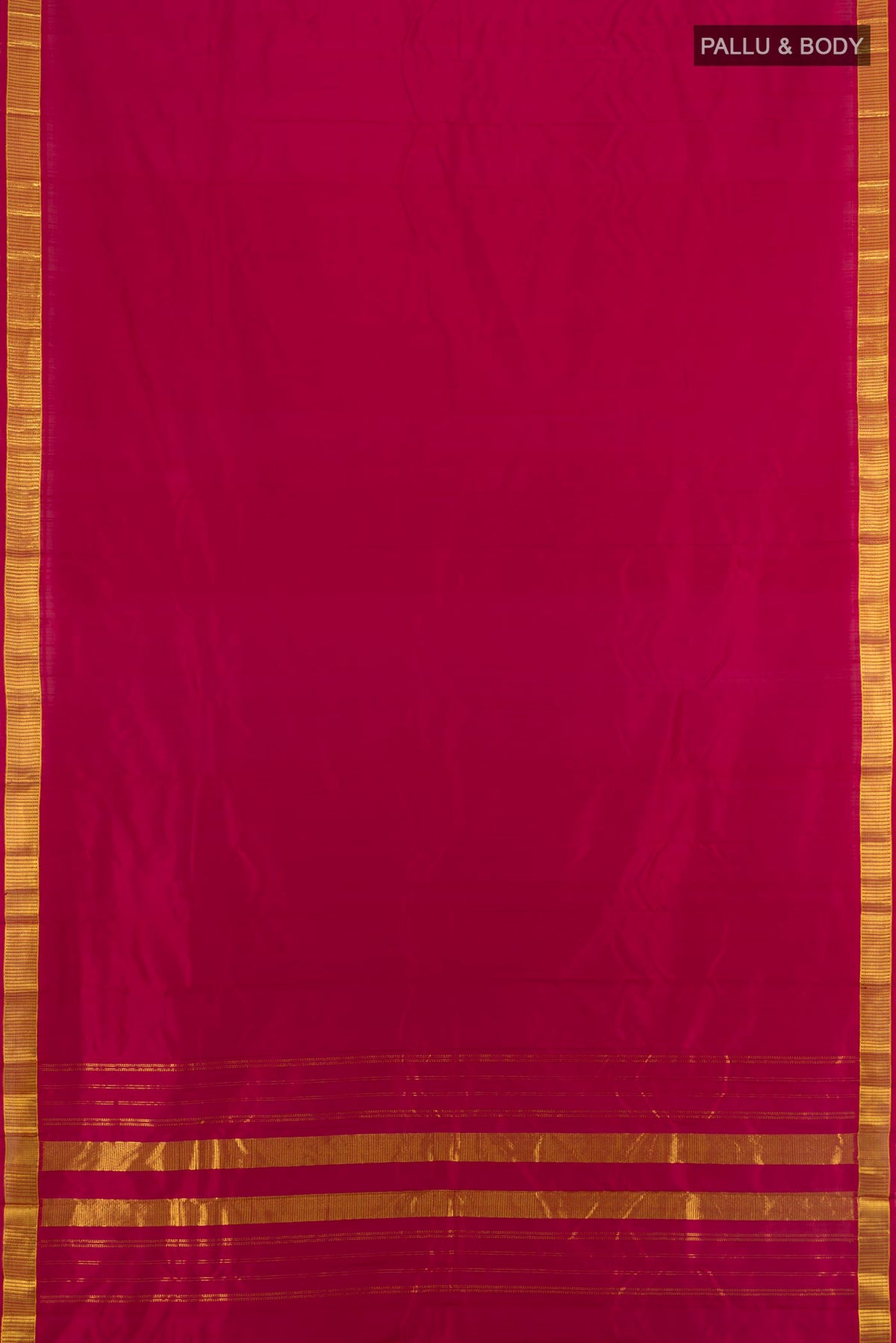 Flat view of Pure Silk Maroon Kanjivaram Saree with Plain Body and Silk Border. 