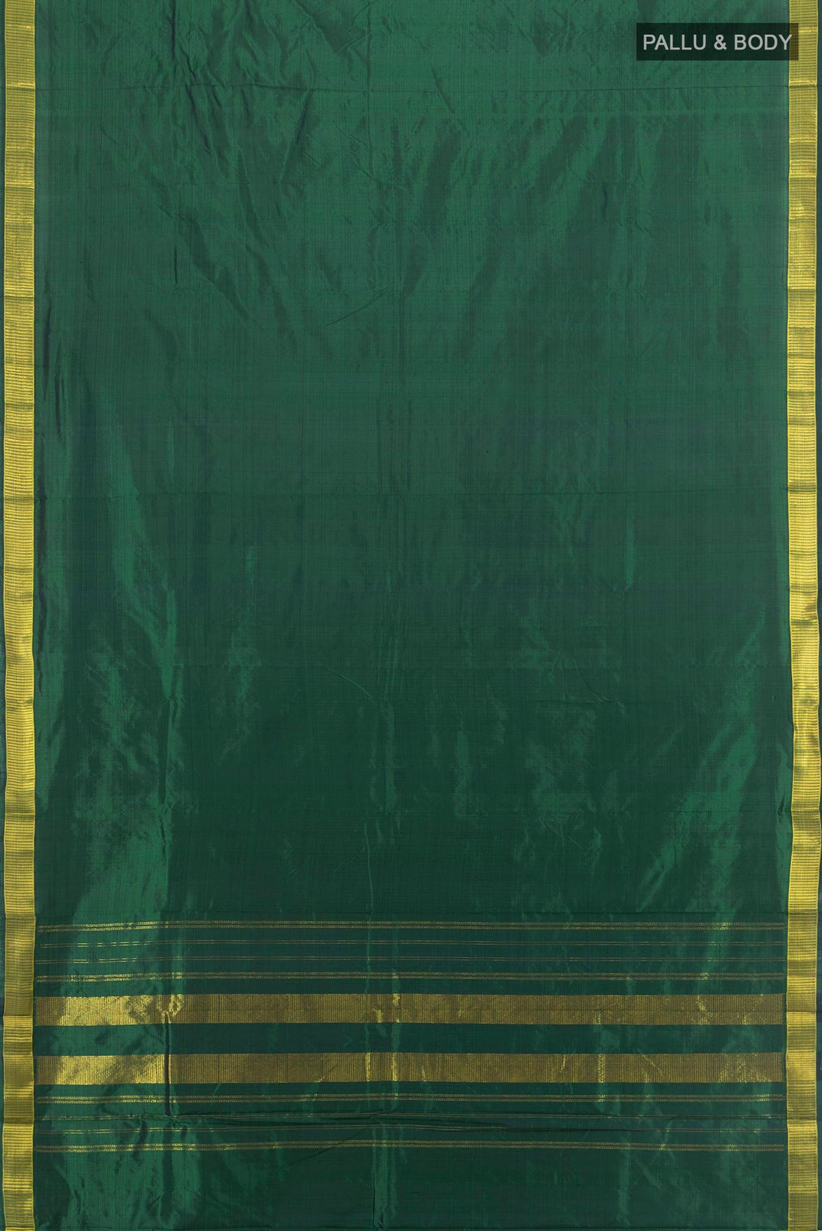 Flat view of Pure Silk Bottle Green Kanjivaram Saree with Plain Body and Silk Border. 