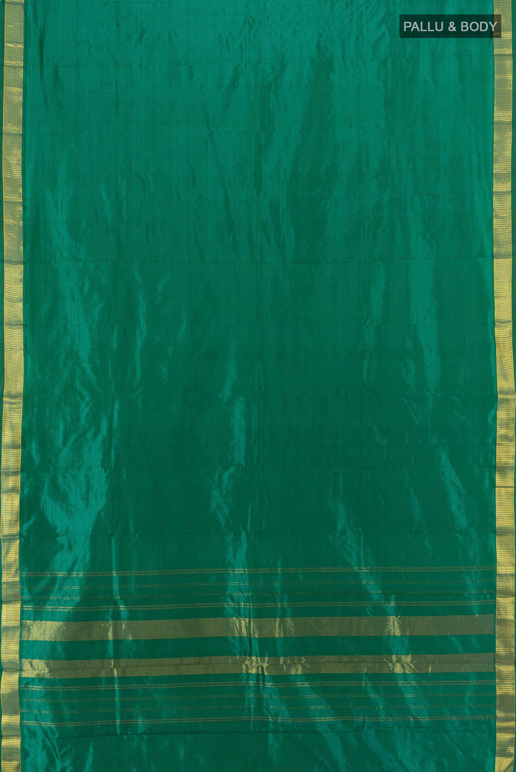 Flat view of Pure Silk Green Kanjivaram Saree with Plain Body and Zari Border. 