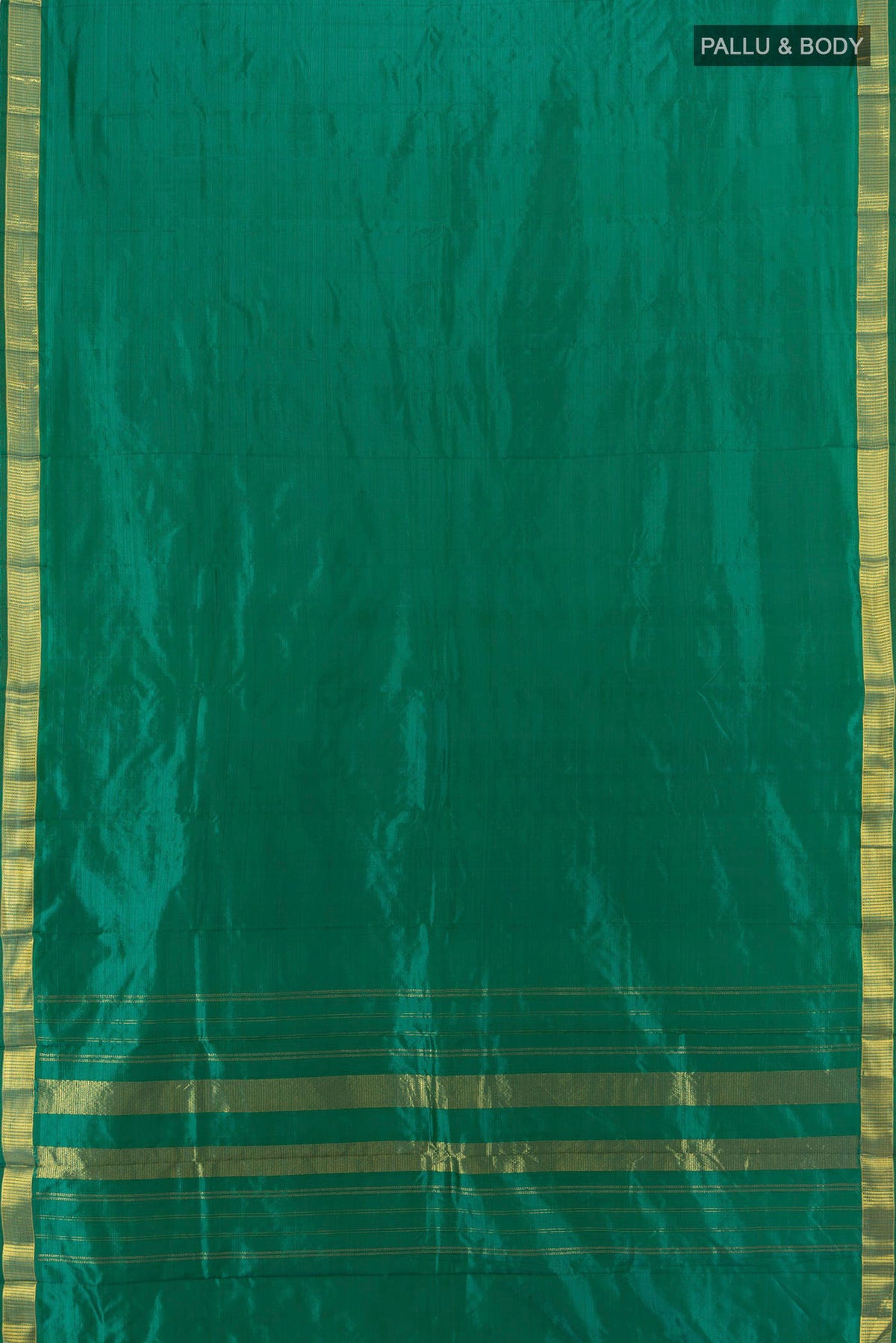 Flat view of Pure Silk Green Kanjivaram Saree with Plain Body and Zari Border. 