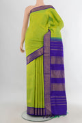 Pure Silk Parrot Green Kanchipuram Nine Yards Saree with Plain Body and Zari Border.  displayed on a mannequin