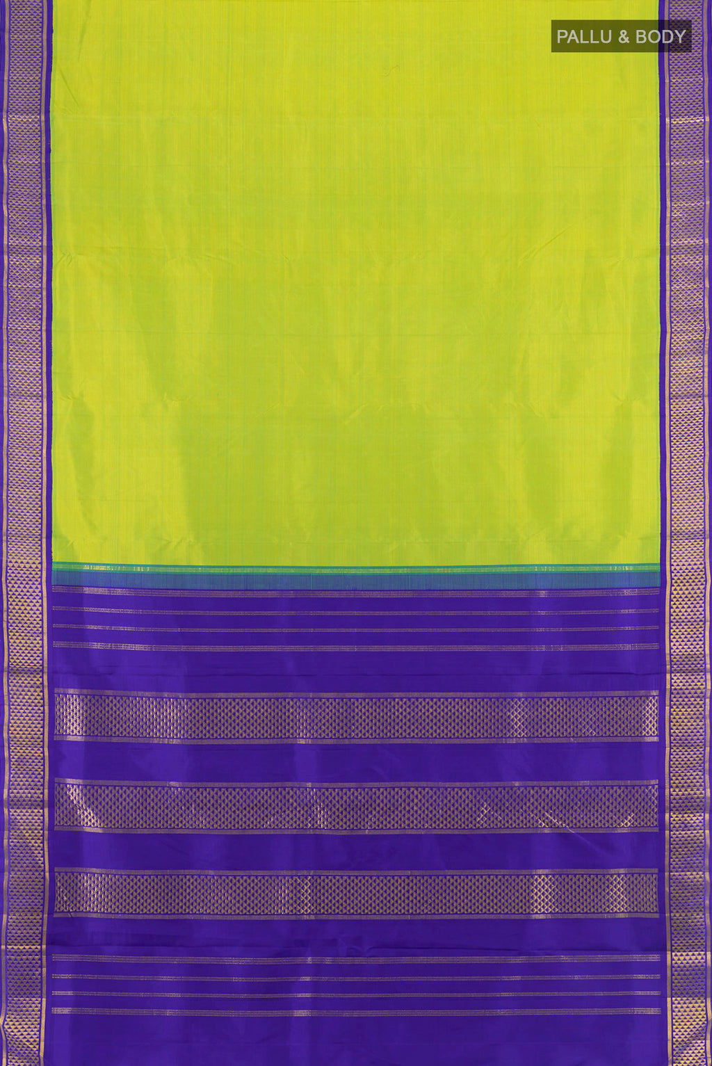 Flat view of Pure Silk Parrot Green Kanchipuram Nine Yards Saree with Plain Body and Zari Border. 
