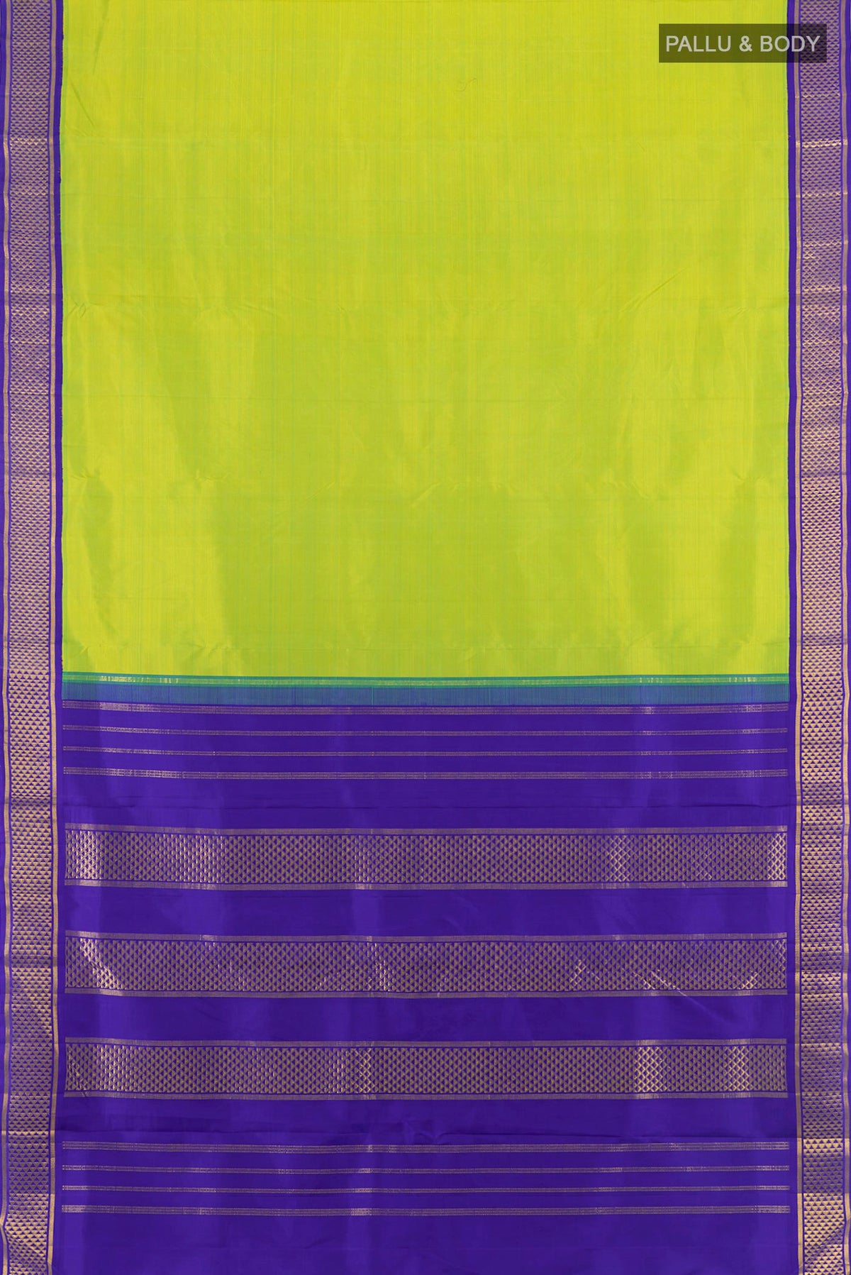 Flat view of Pure Silk Parrot Green Kanchipuram Nine Yards Saree with Plain Body and Zari Border. 