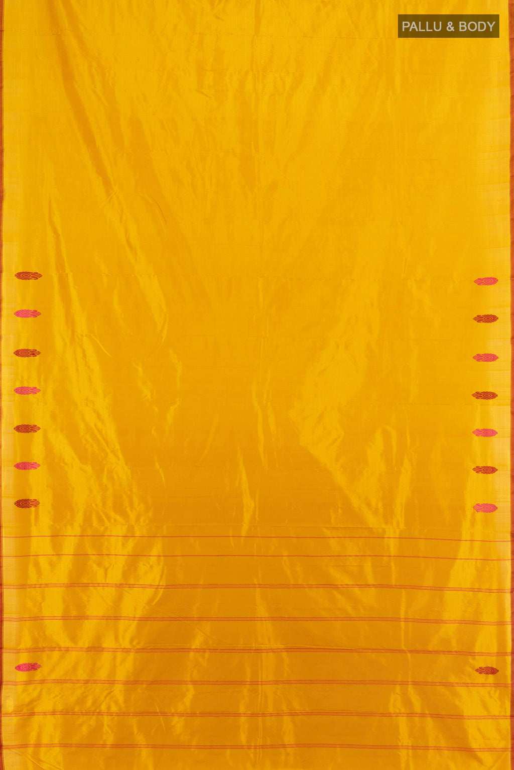 Flat view of Pure Silk Mustard Kanjivaram Saree with Plain Body and Zari And Thread Border. 