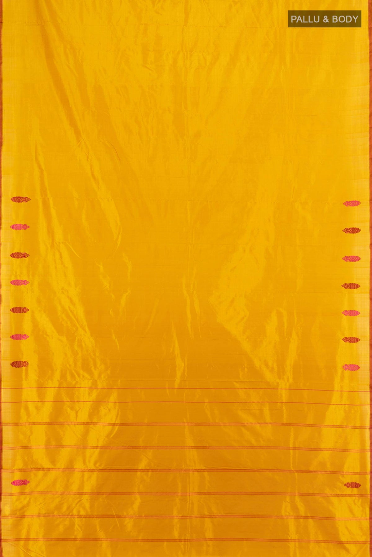 Flat view of Pure Silk Mustard Kanjivaram Saree with Plain Body and Zari And Thread Border. 