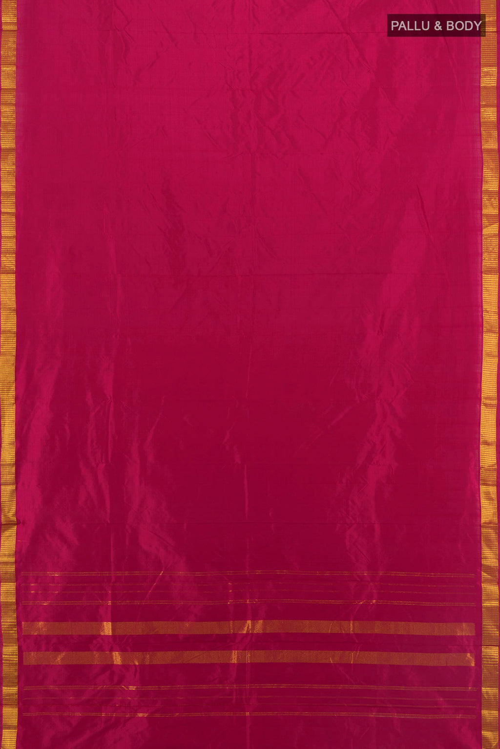 Flat view of Pure Silk Dark Pink Kanjivaram Saree with Plain Body and Silk Border. 