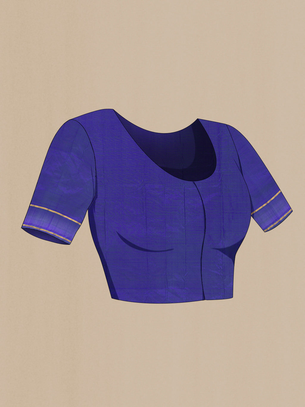 Close up image of the blouse of Pure Silk Blue Kanjivaram Saree with Plain Body and Zari Border. 