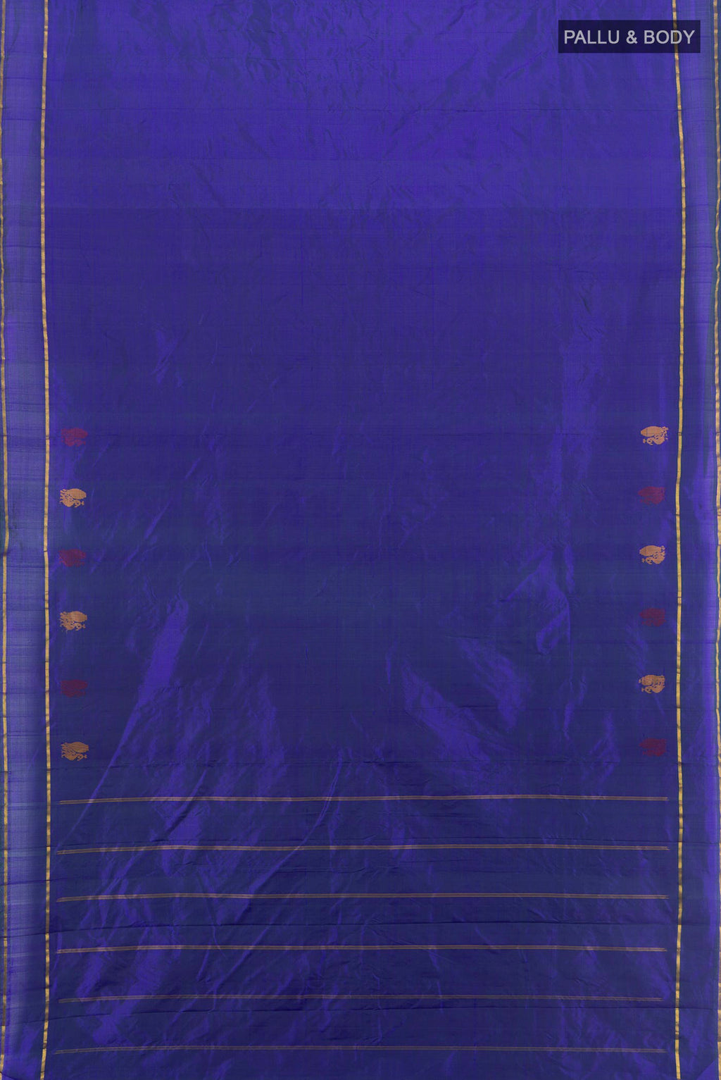 Flat view of Pure Silk Blue Kanjivaram Saree with Plain Body and Zari Border. 