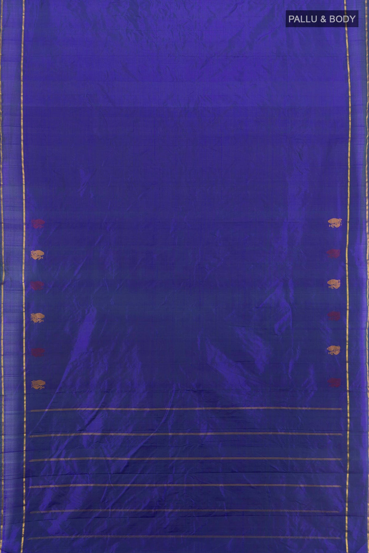 Flat view of Pure Silk Blue Kanjivaram Saree with Plain Body and Zari Border. 