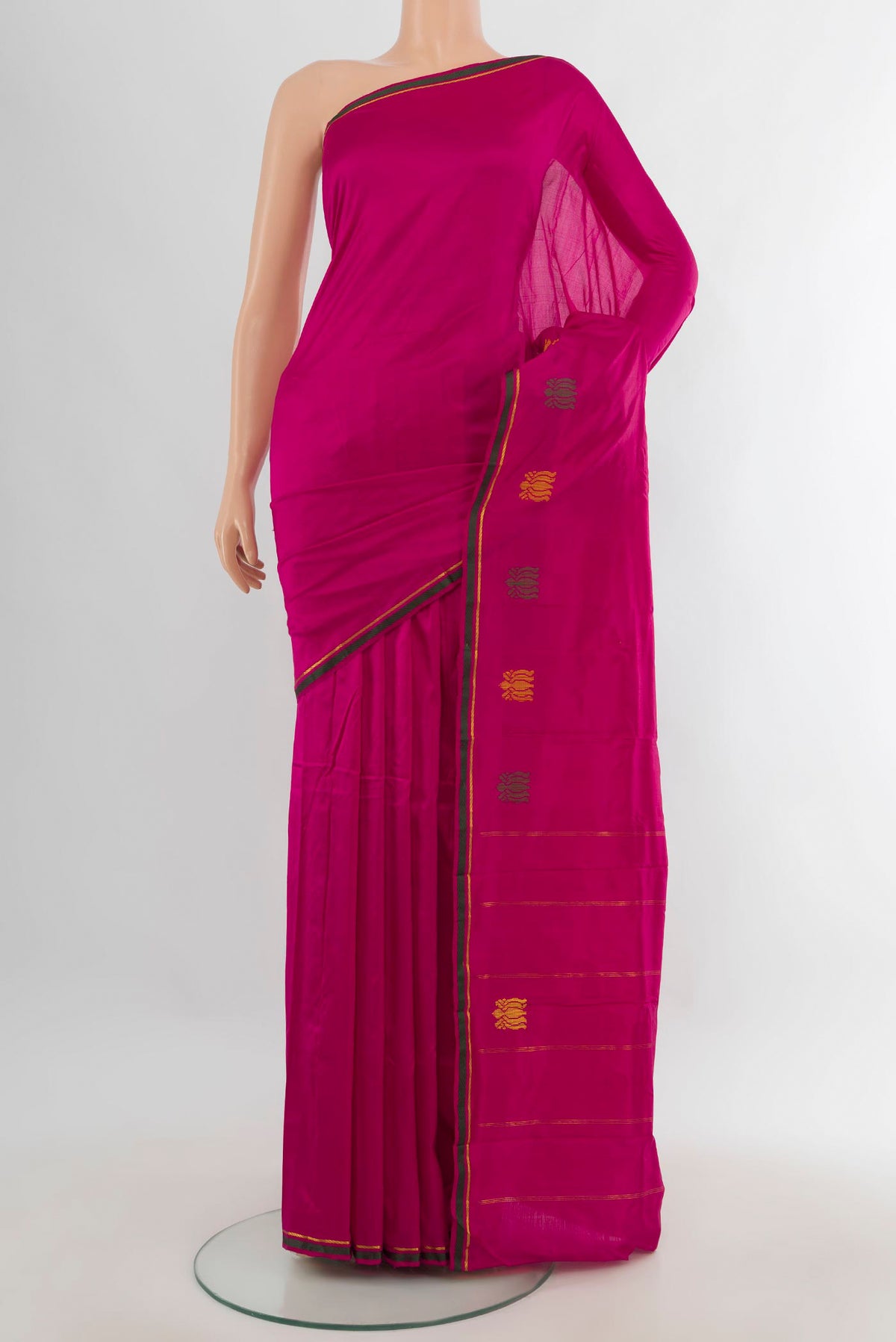 Pure Silk Dark Pink Kanjivaram Saree with Plain Body and Thread Border.  displayed on a mannequin