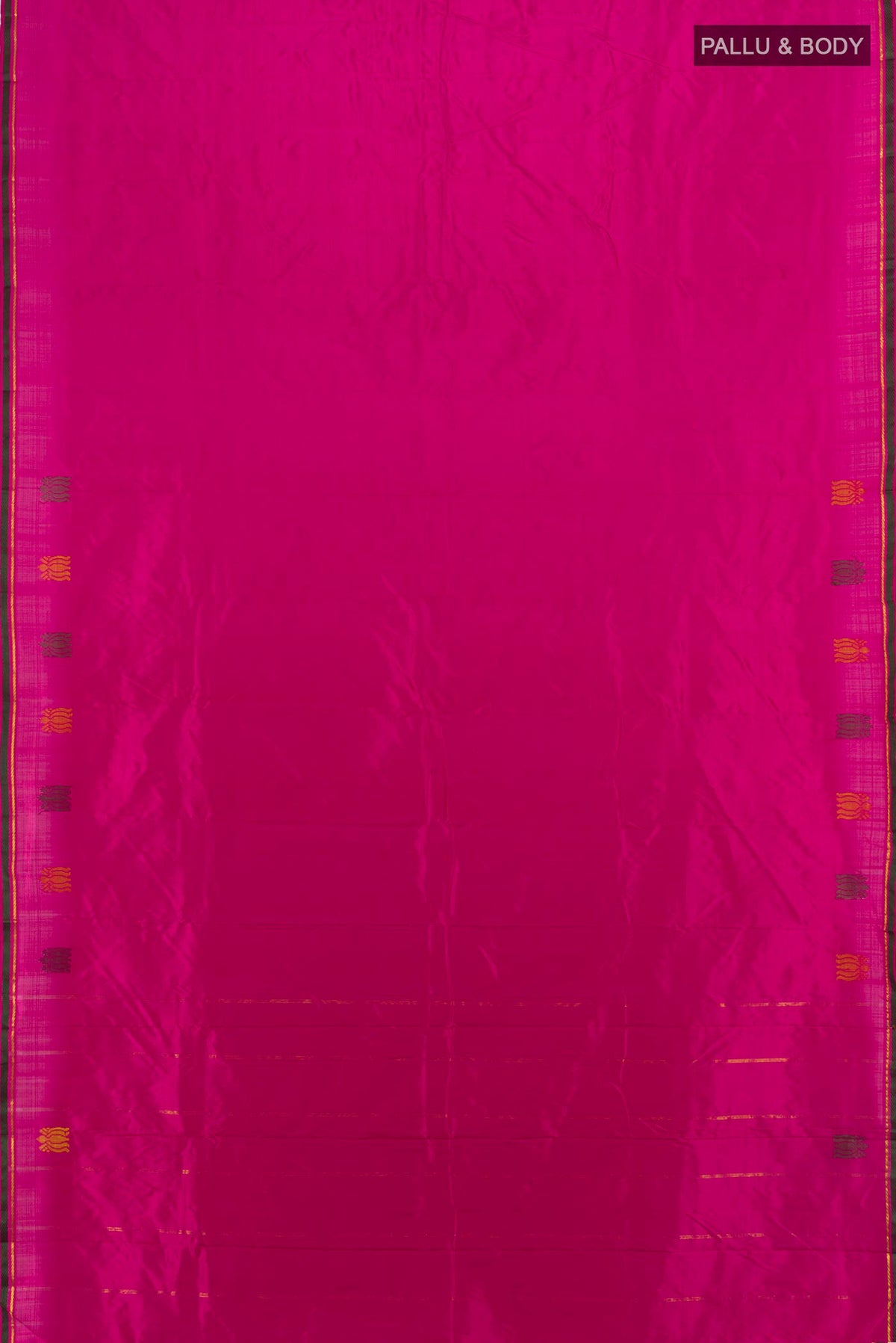 Flat view of Pure Silk Dark Pink Kanjivaram Saree with Plain Body and Thread Border. 