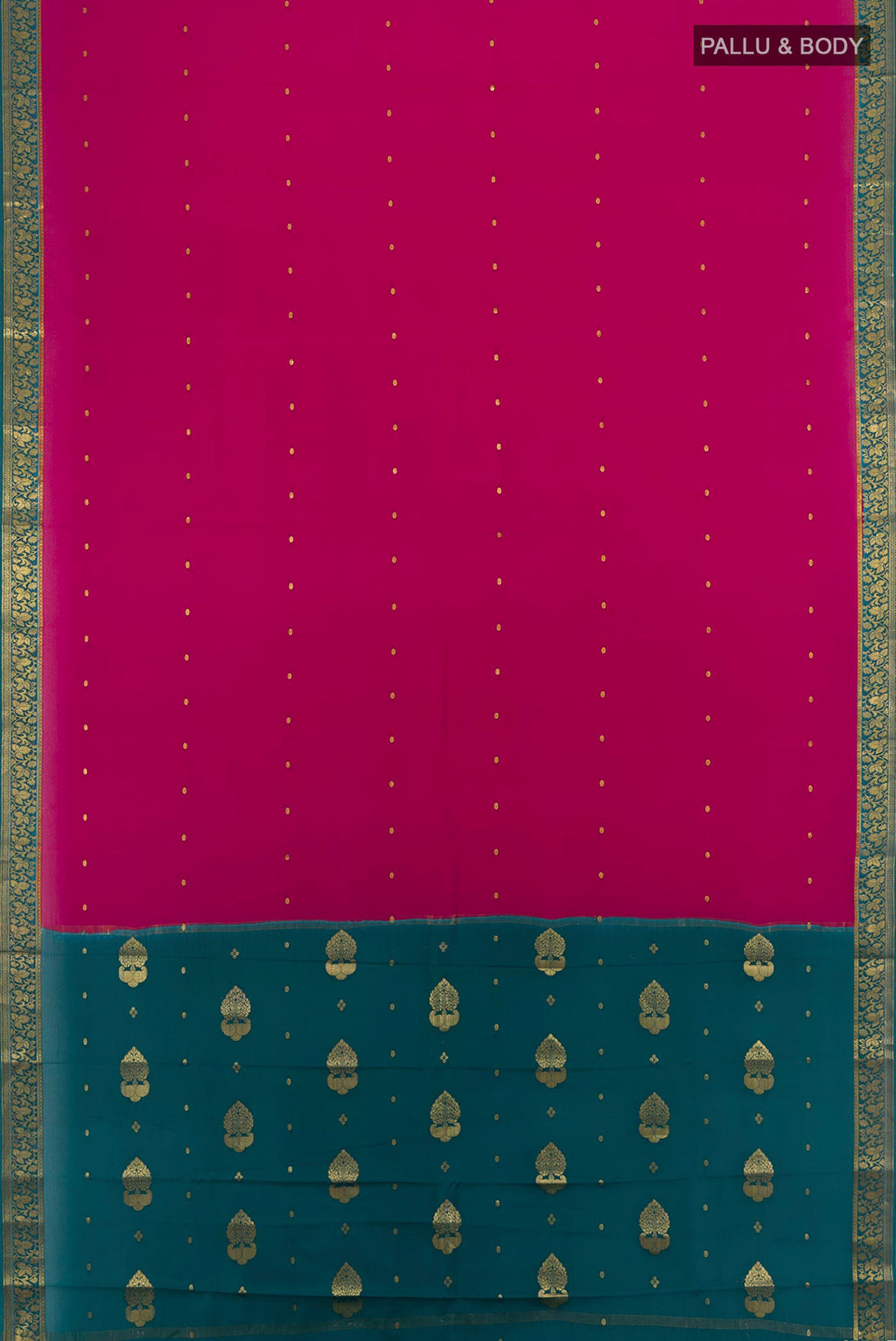 Flat view of Dark Pink Mysore Crepe Saree with Zari Butta on the body and Zari Border. 