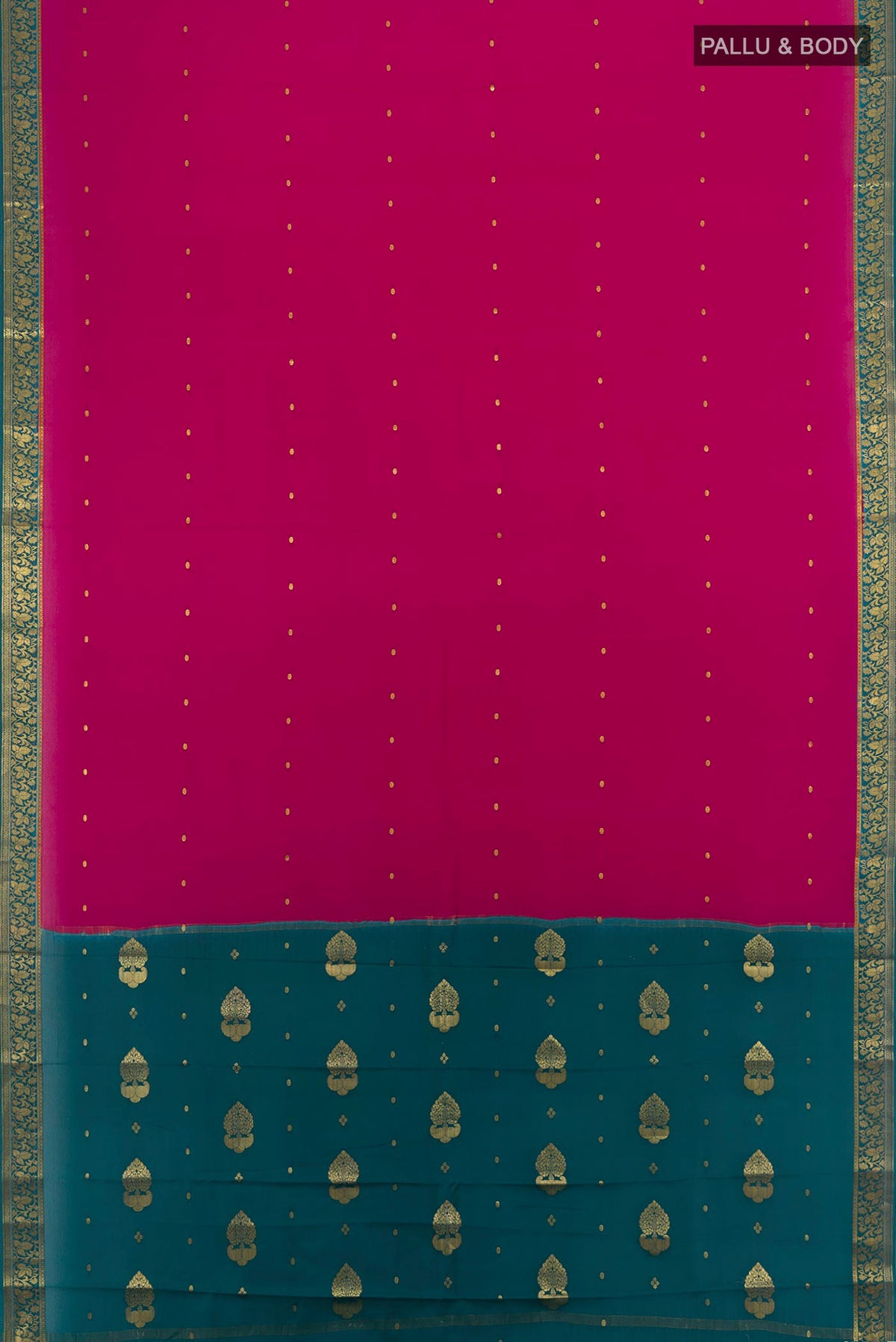 Flat view of Dark Pink Mysore Crepe Saree with Zari Butta on the body and Zari Border. 