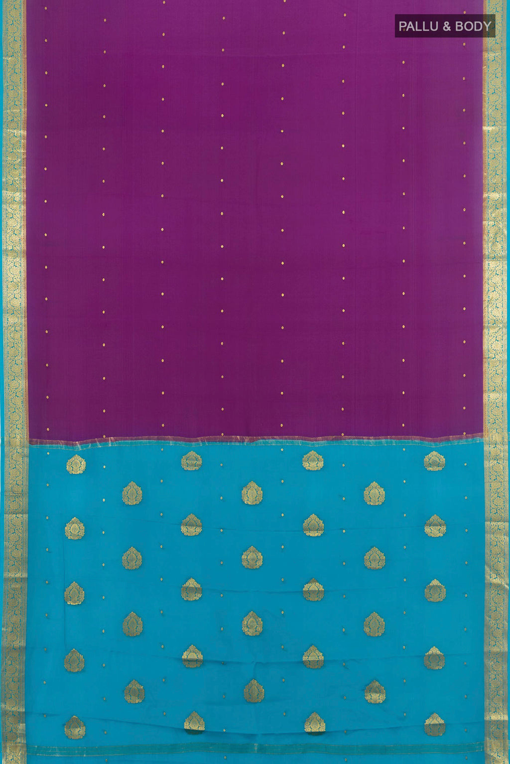 Flat view of Purple Mysore Crepe Saree with Zari Butta on the body and Zari Border. 
