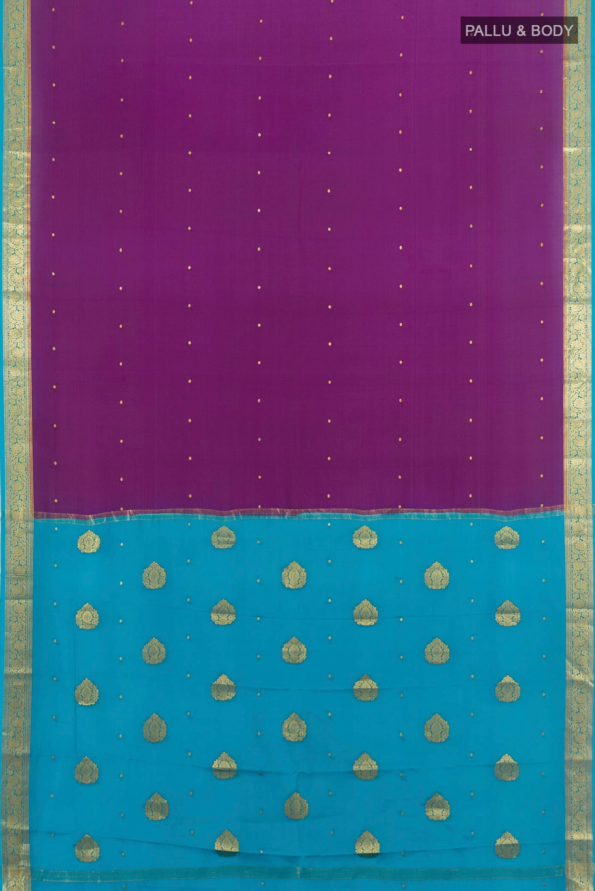 Flat view of Purple Mysore Crepe Saree with Zari Butta on the body and Zari Border. 