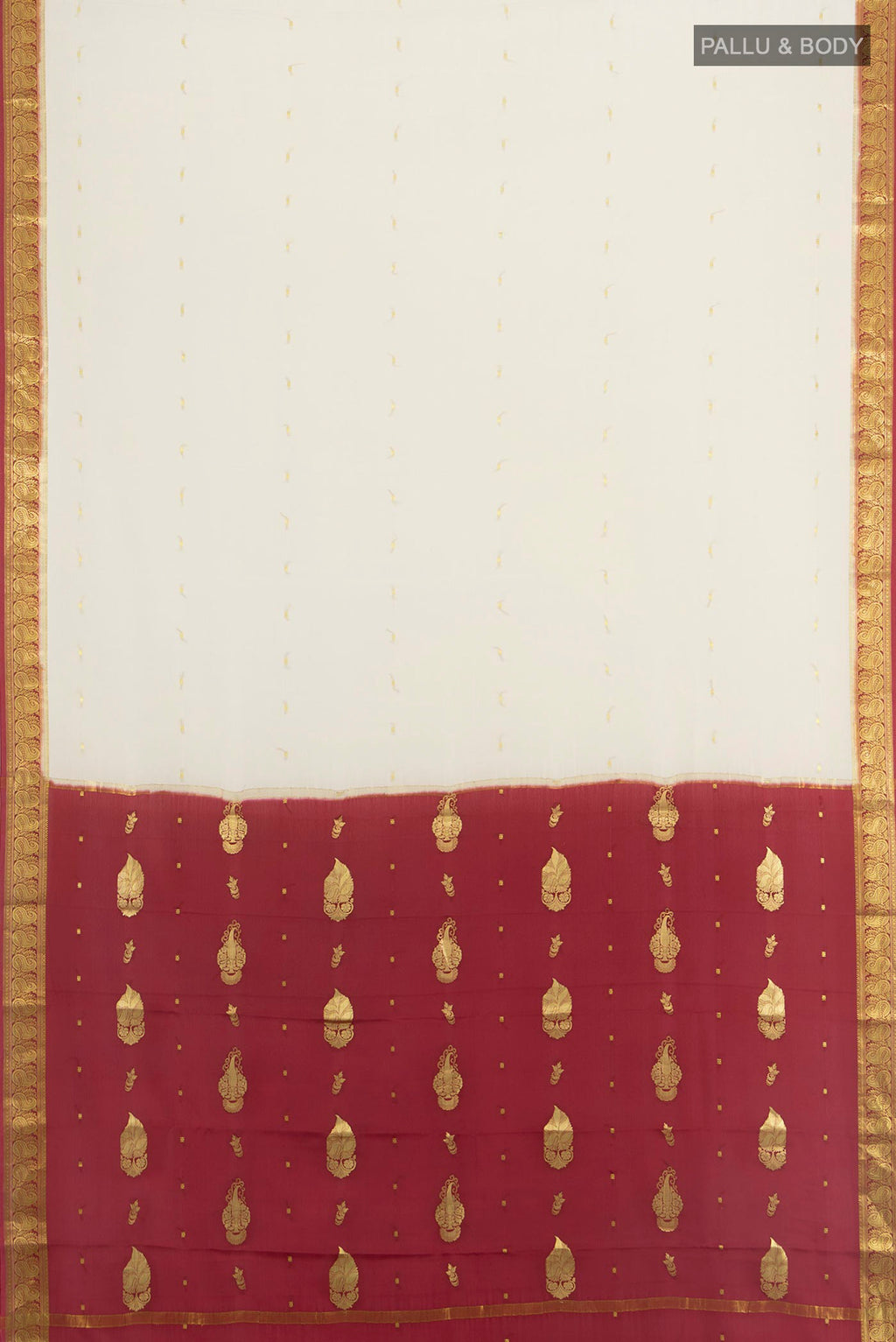 Flat view of Cream Mysore Crepe Saree with Zari Butta on the body and Zari Border. 