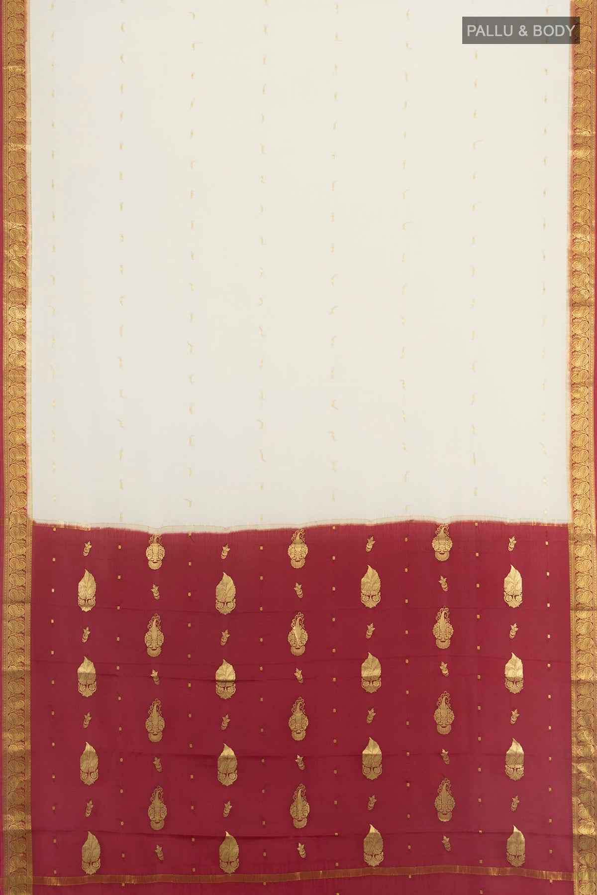 Flat view of Cream Mysore Crepe Saree with Zari Butta on the body and Zari Border. 