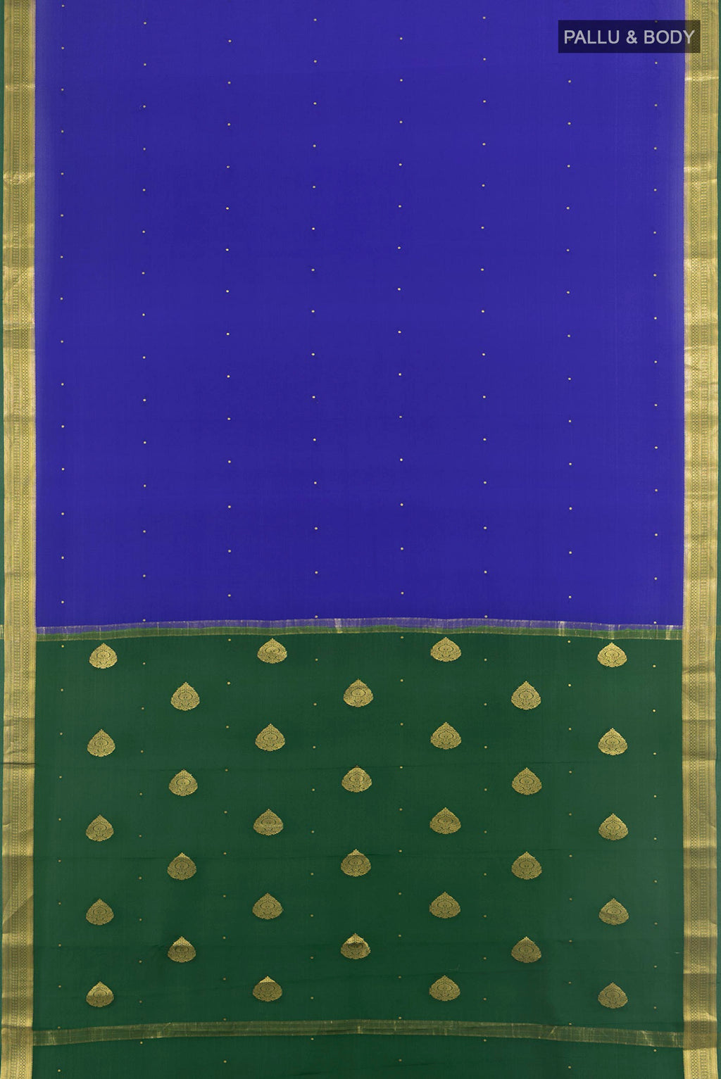 Flat view of Royal Blue Mysore Crepe Saree with Zari Butta on the body and Zari Border. 