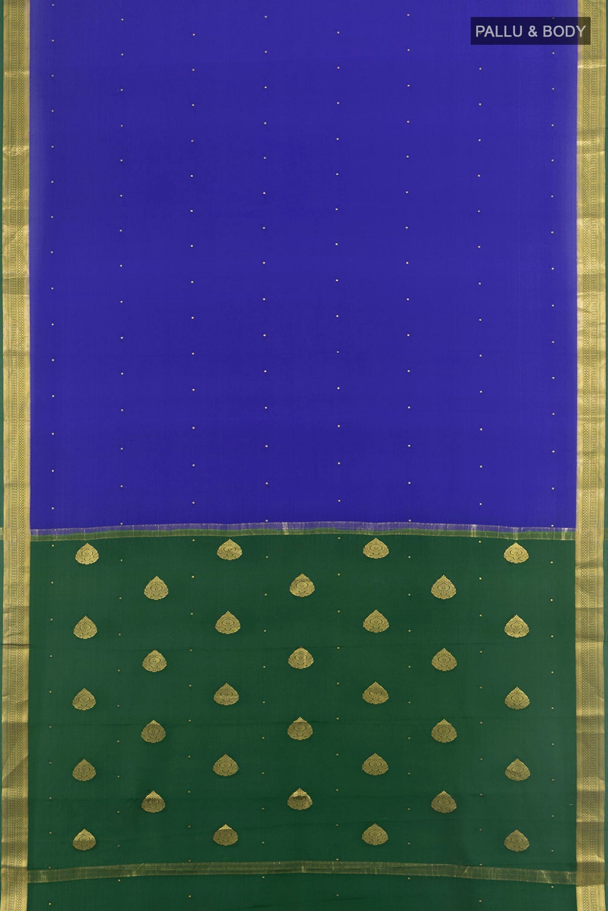 Flat view of Royal Blue Mysore Crepe Saree with Zari Butta on the body and Zari Border. 