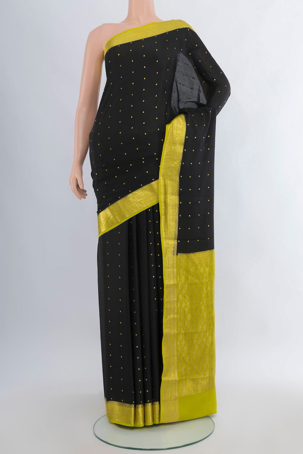 Black Mysore Crepe Saree with Zari Butta on the body and Zari Border.  displayed on a mannequin