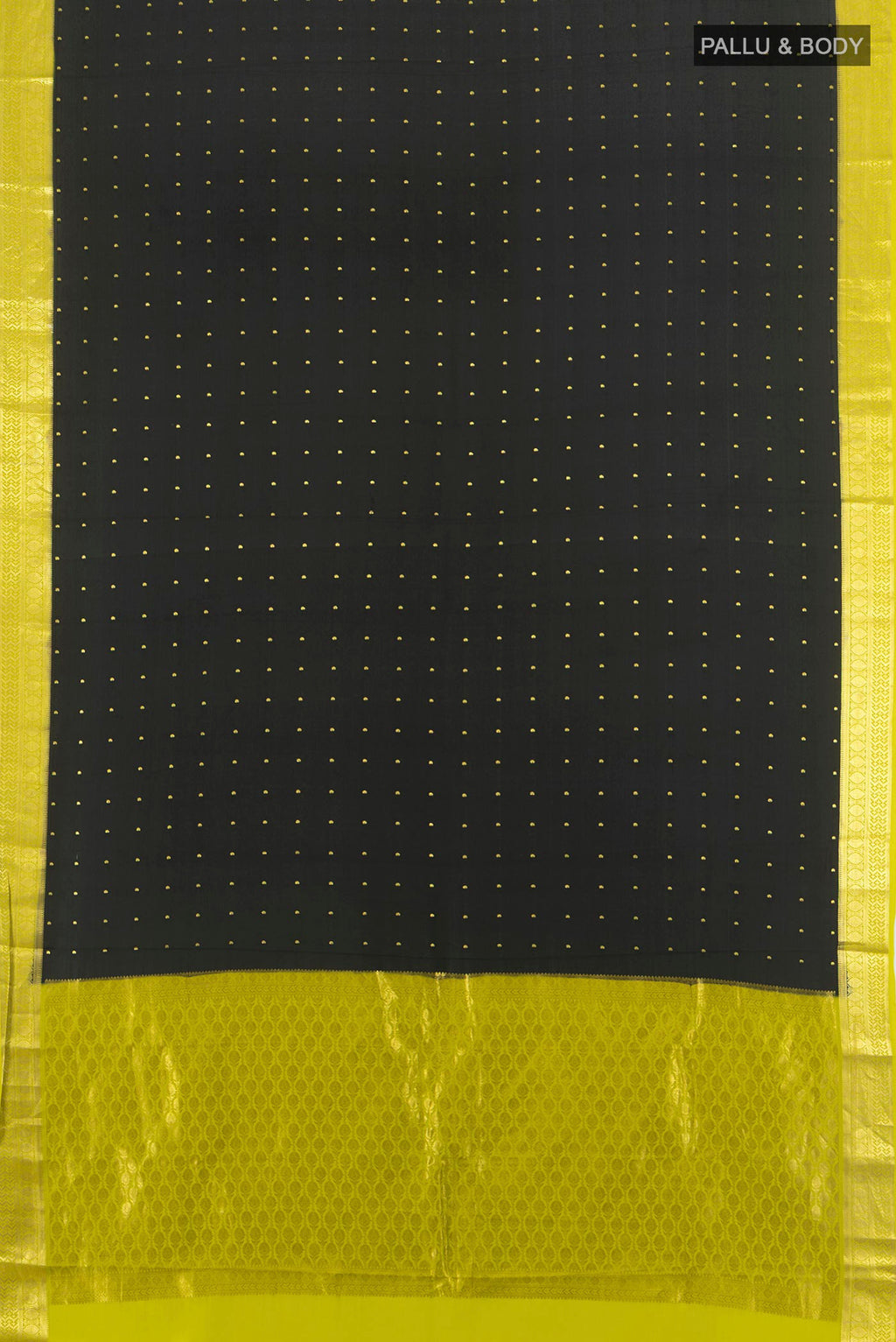 Flat view of Black Mysore Crepe Saree with Zari Butta on the body and Zari Border. 