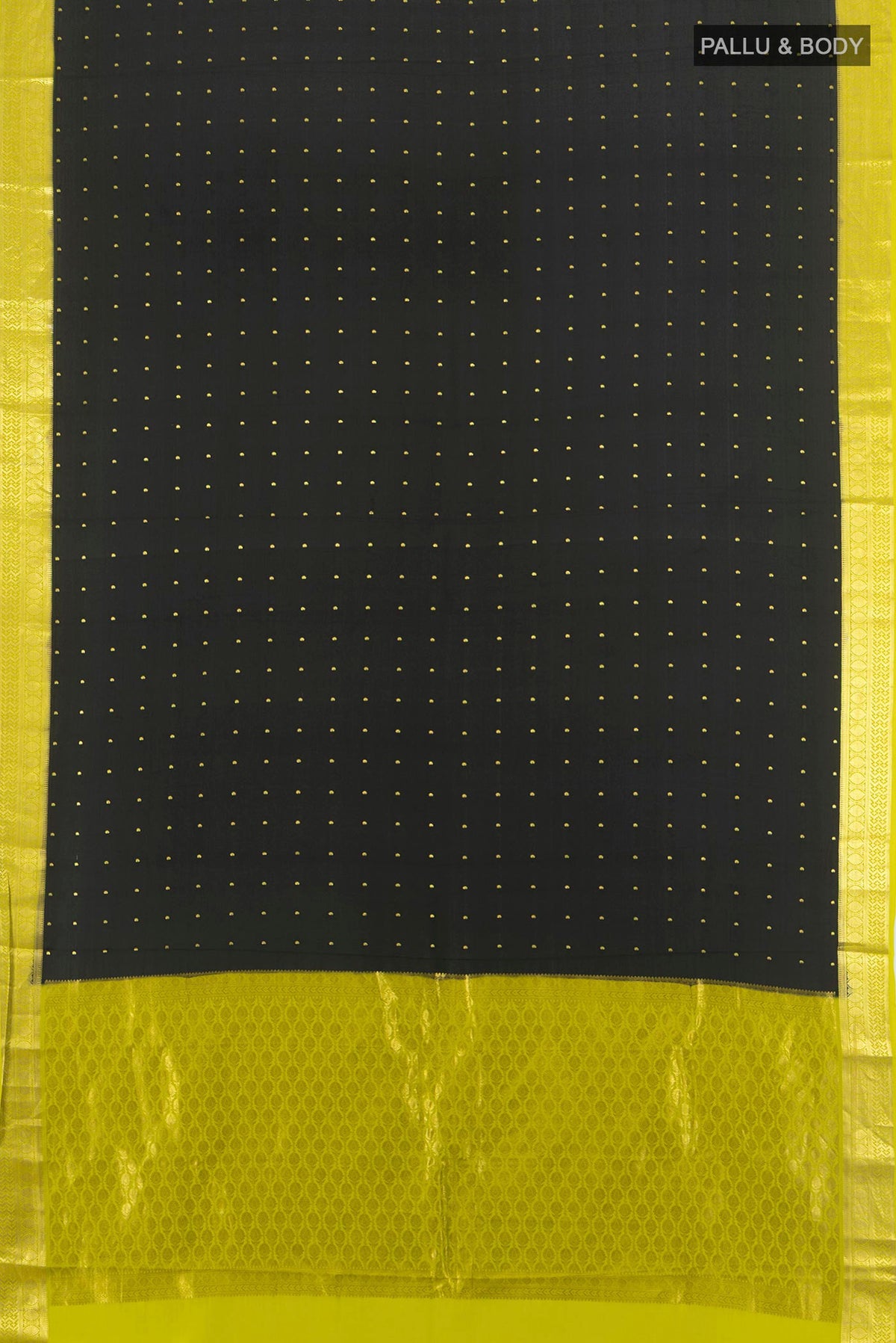 Flat view of Black Mysore Crepe Saree with Zari Butta on the body and Zari Border. 
