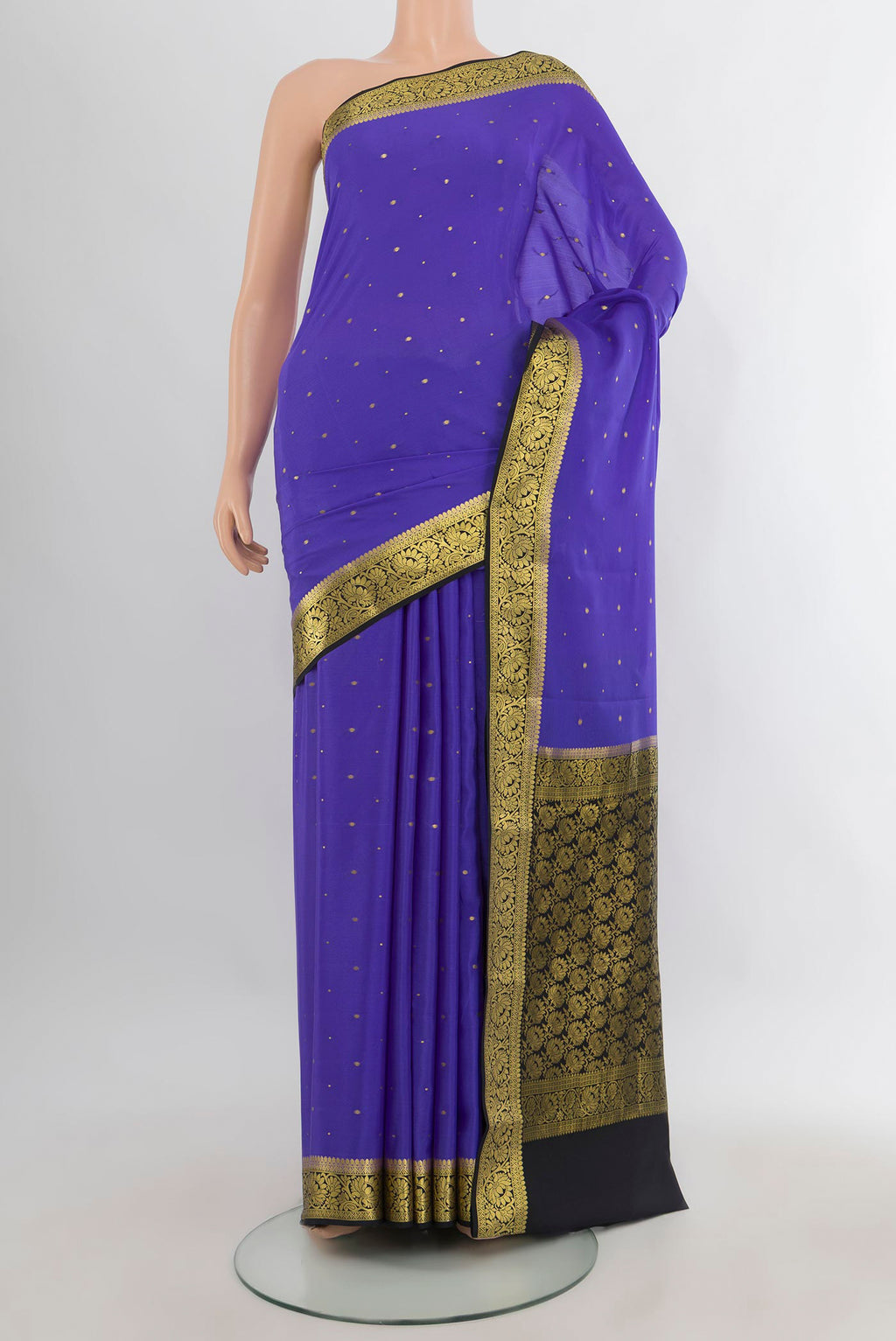 Lavender Mysore Crepe Saree with Zari Butta on the body and Zari Border.  displayed on a mannequin