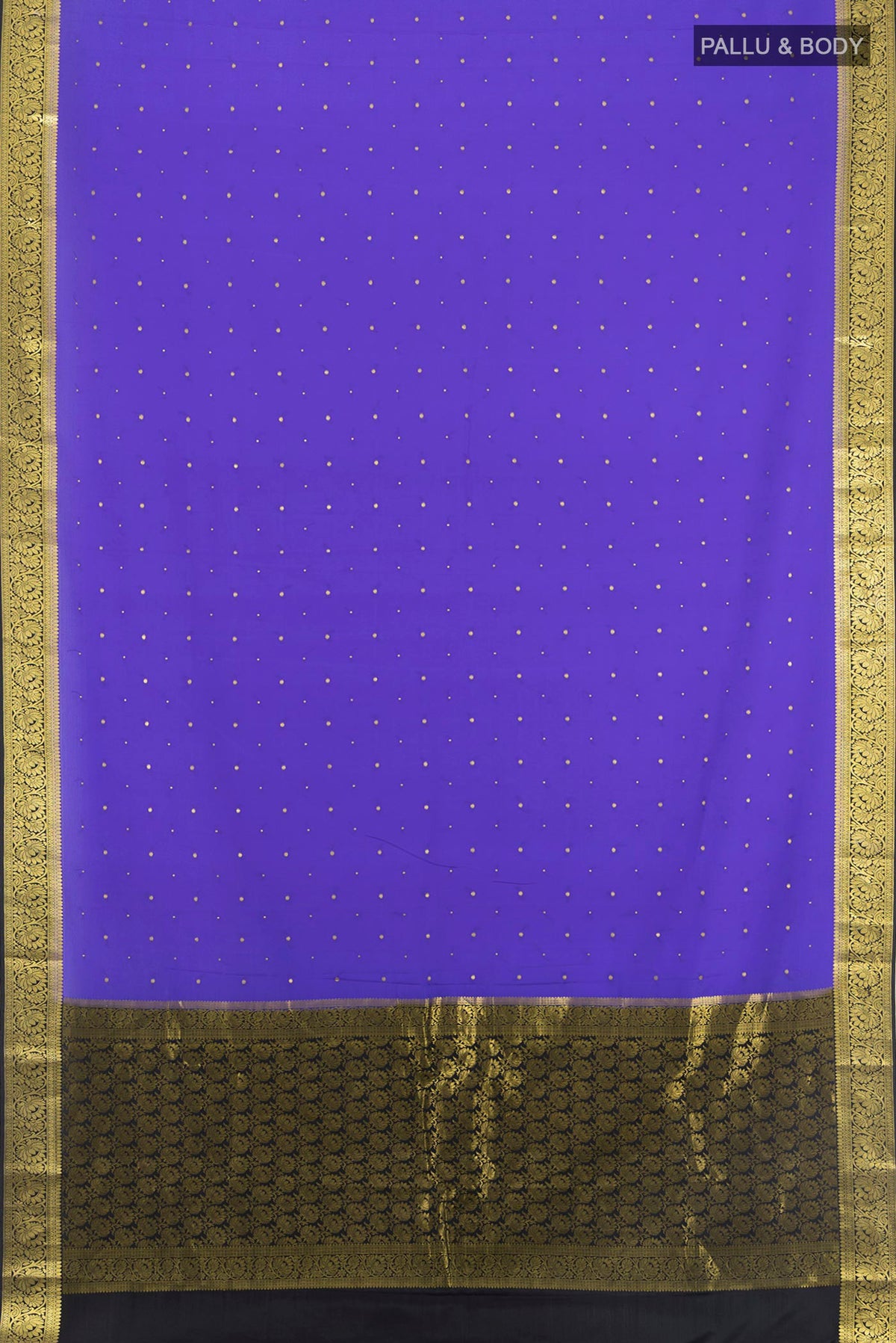 Flat view of Lavender Mysore Crepe Saree with Zari Butta on the body and Zari Border. 