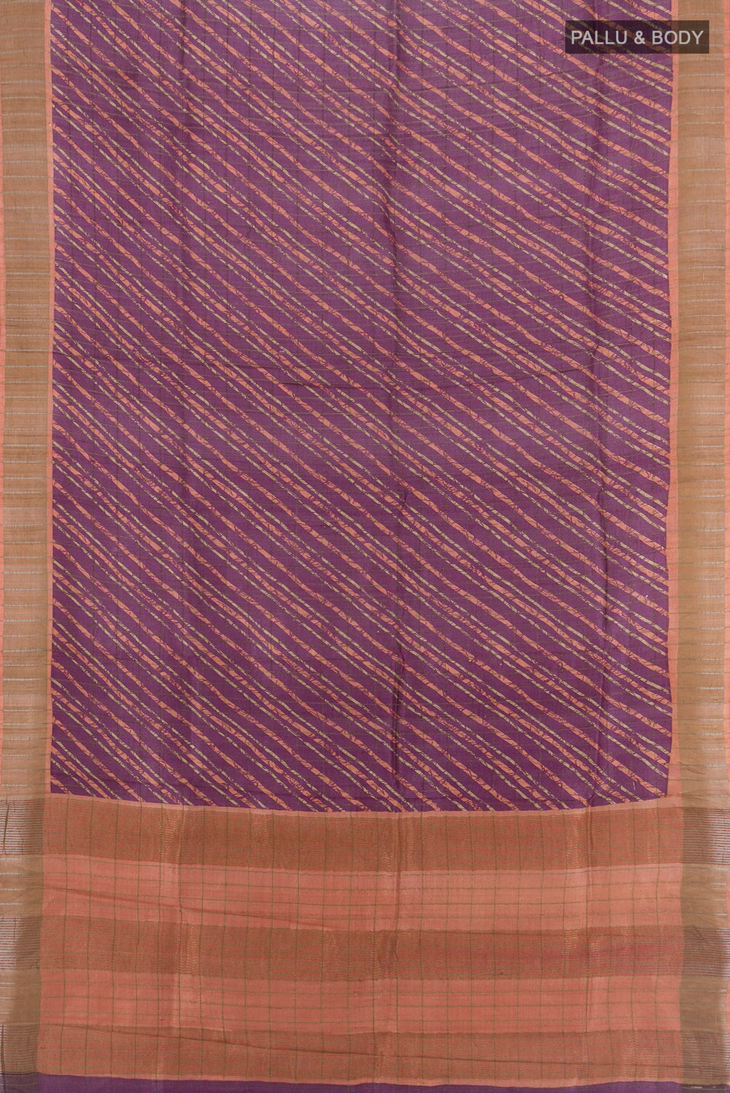 Flat view of Mauve Tussar Saree with Floral Print on the body and Zari Border. 