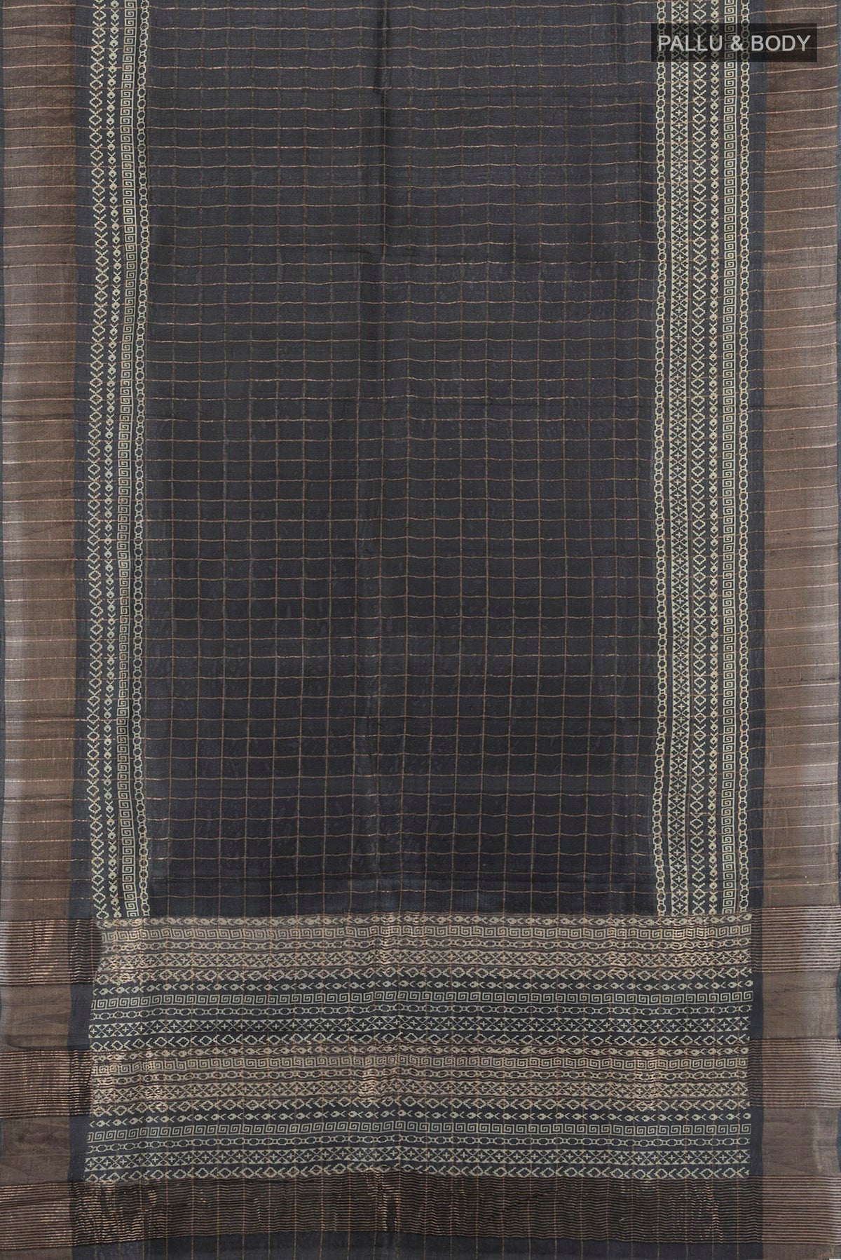 Flat view of Multi Color Tussar Saree with Floral Print on the body and Silk Border. 