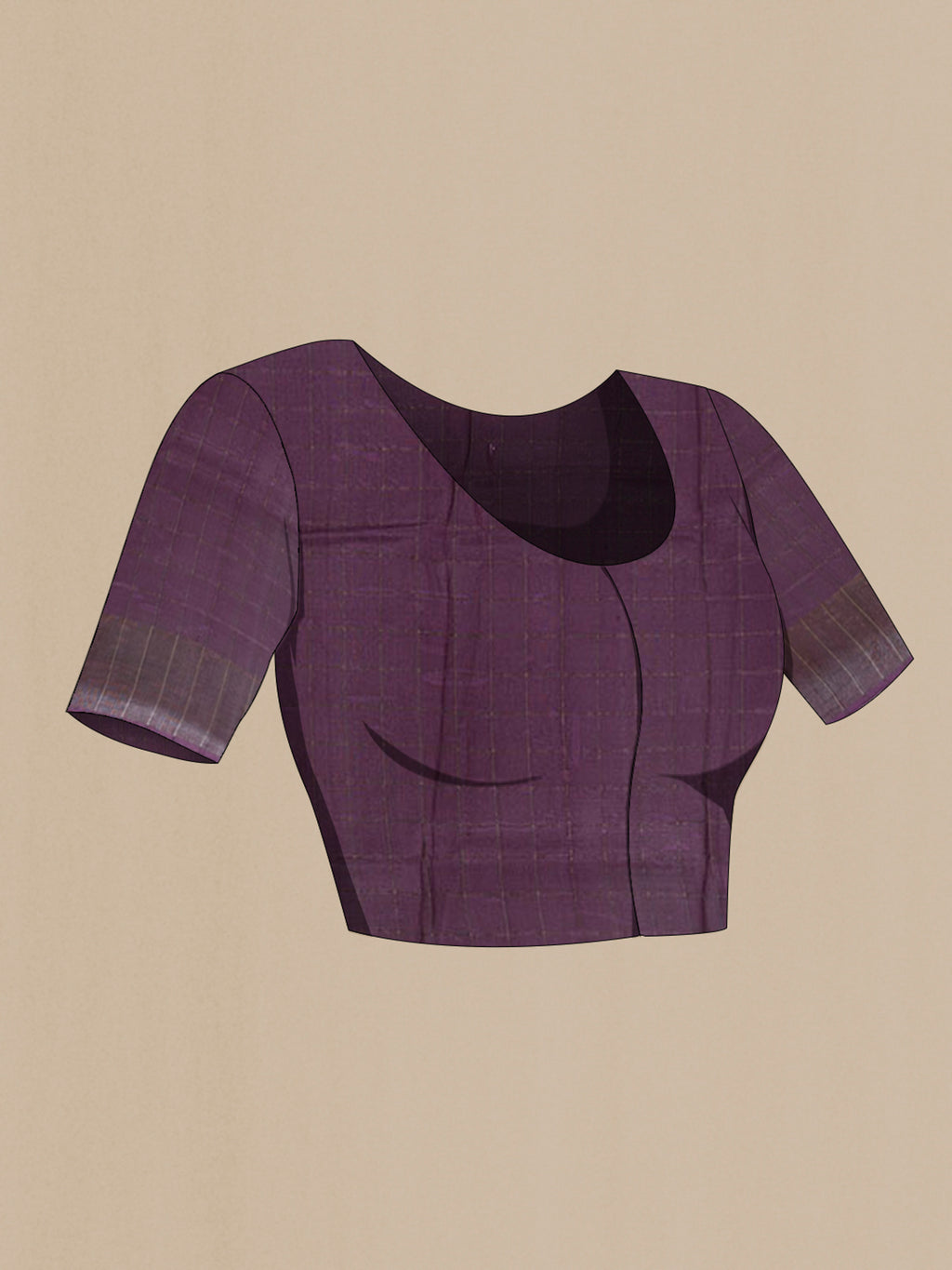 Close up image of the blouse of Purple Tussar Saree with Printed design on the body and Zari Border. 
