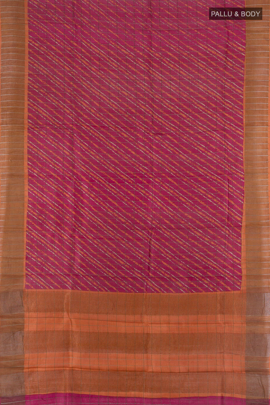 Flat view of Red Tussar Saree with Floral Print on the body and Zari Border. 