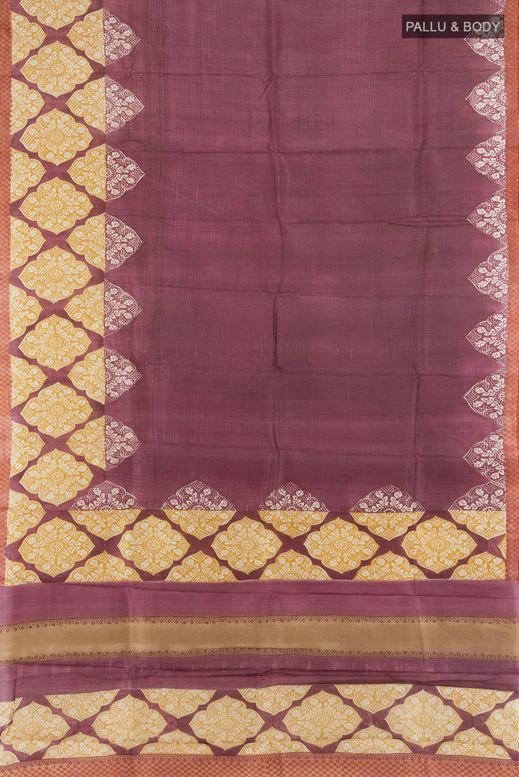 Flat view of Multi Color Tussar Saree with Floral Print on the body and Silk Border. 