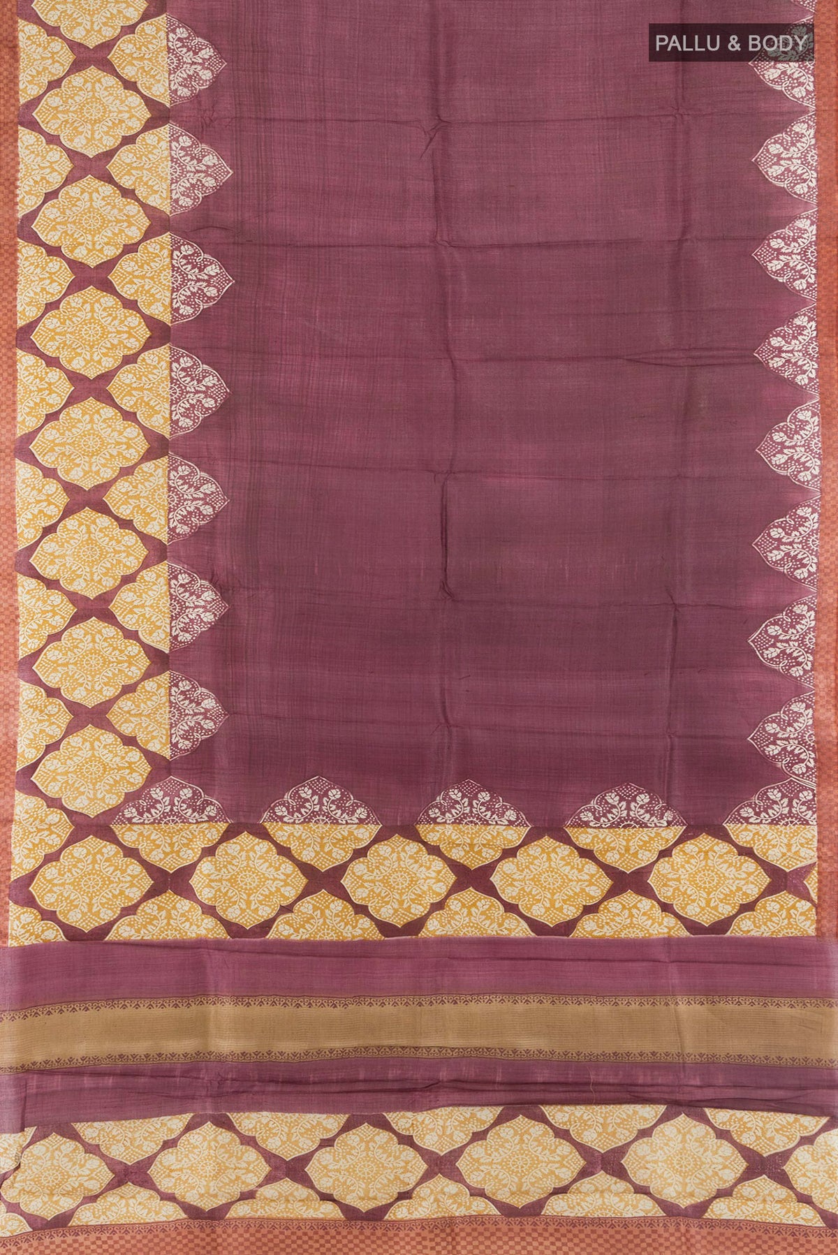 Flat view of Multi Color Tussar Saree with Floral Print on the body and Silk Border. 