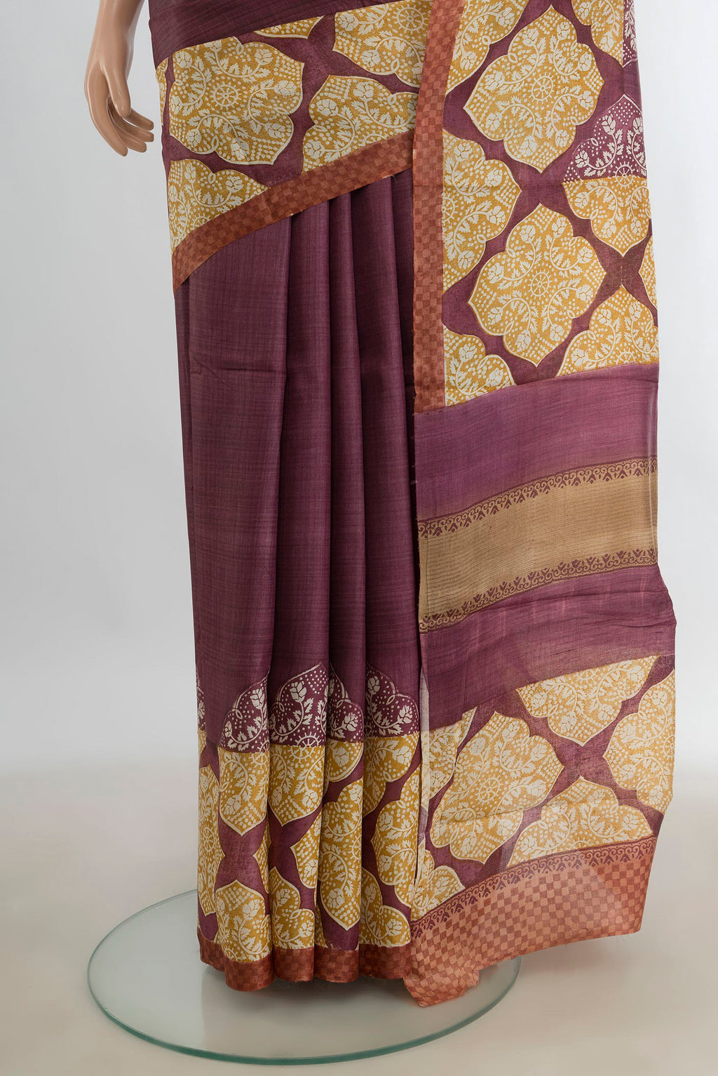 Pleats and pallu of Multi Color Tussar Saree with Floral Print on the body and Silk Border. 