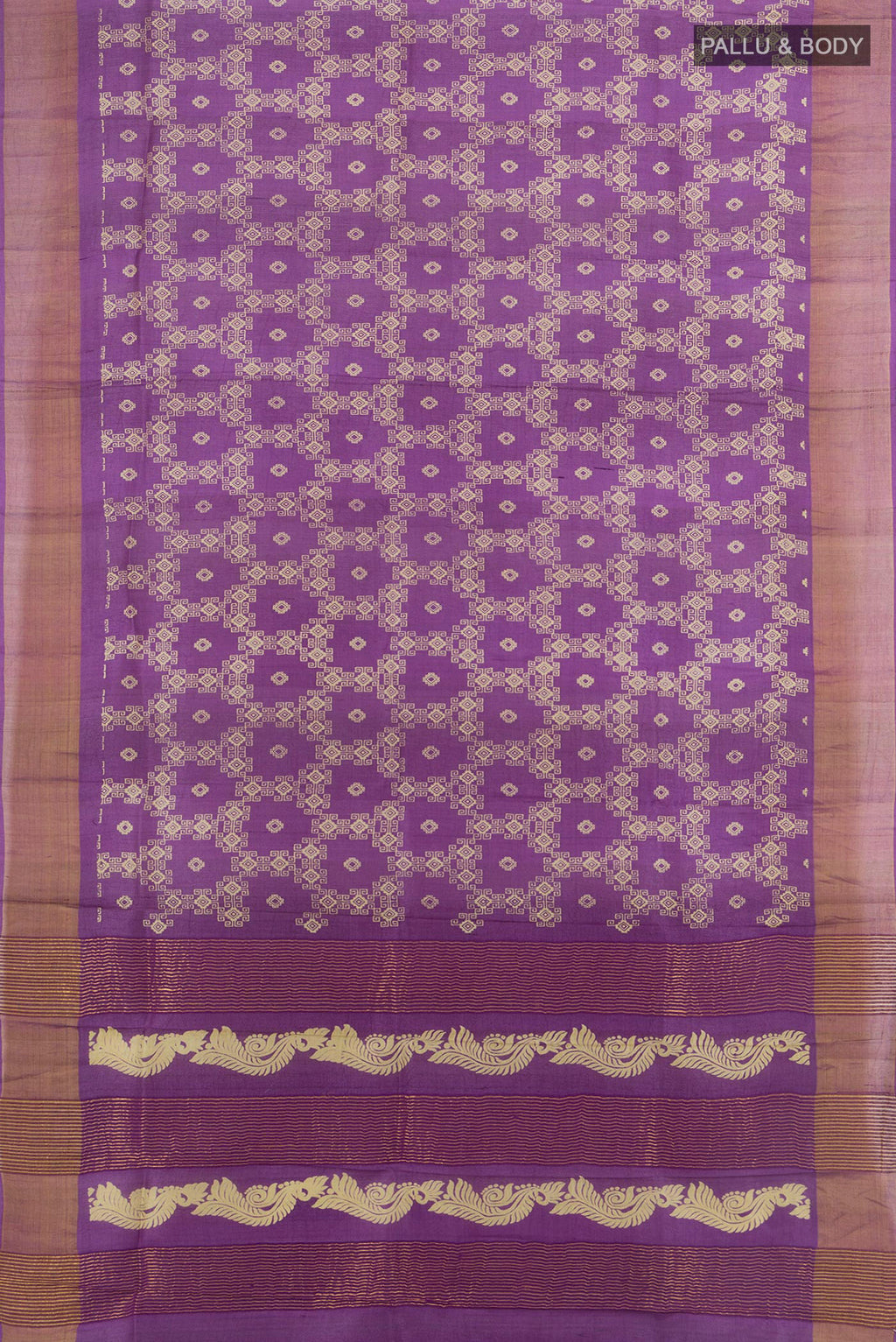 Flat view of Violet Tussar Saree with Floral Print on the body and Silk Border. 
