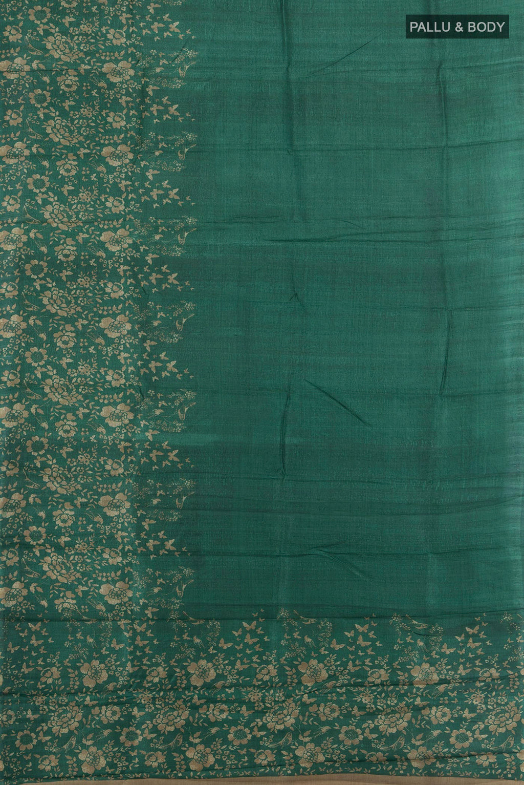 Flat view of Bottle Green Tussar Saree with Plain Body and Without Border. 