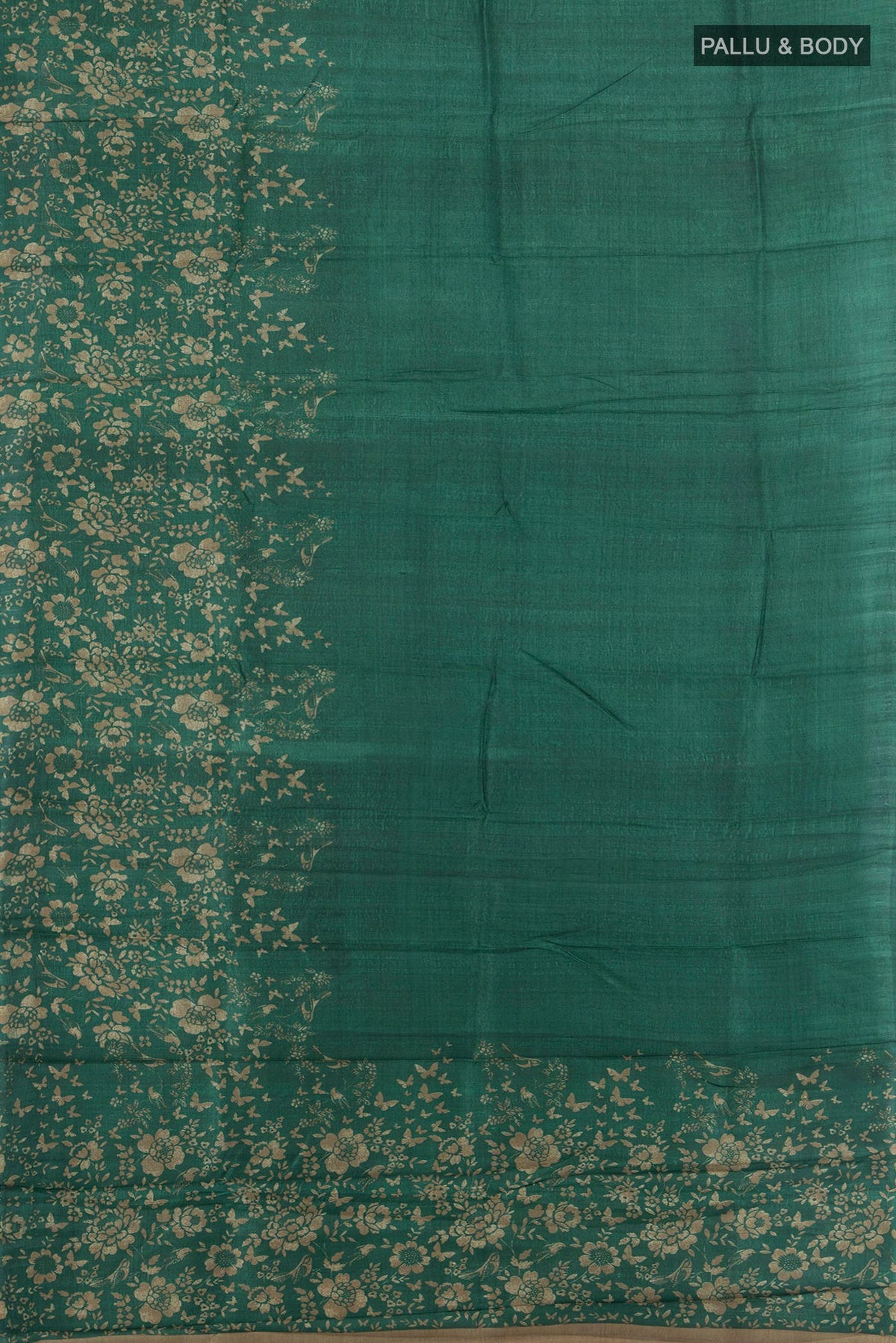 Flat view of Bottle Green Tussar Saree with Plain Body and Without Border. 