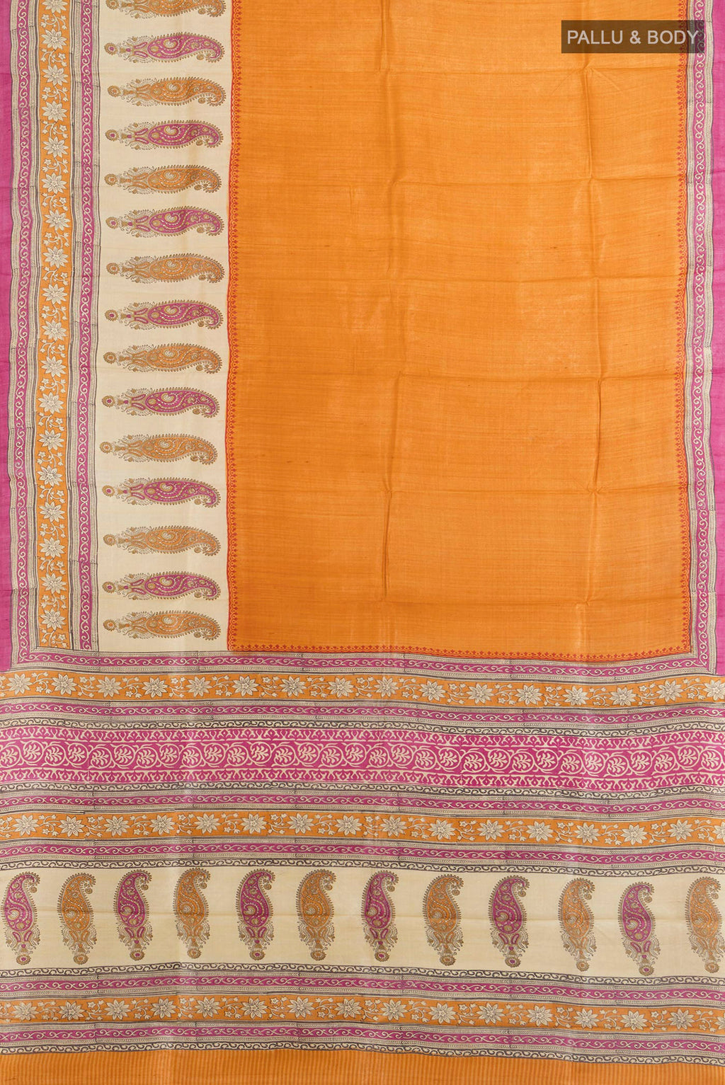 Flat view of Multi Color Tussar Saree with Floral Print on the body and Silk Border. 