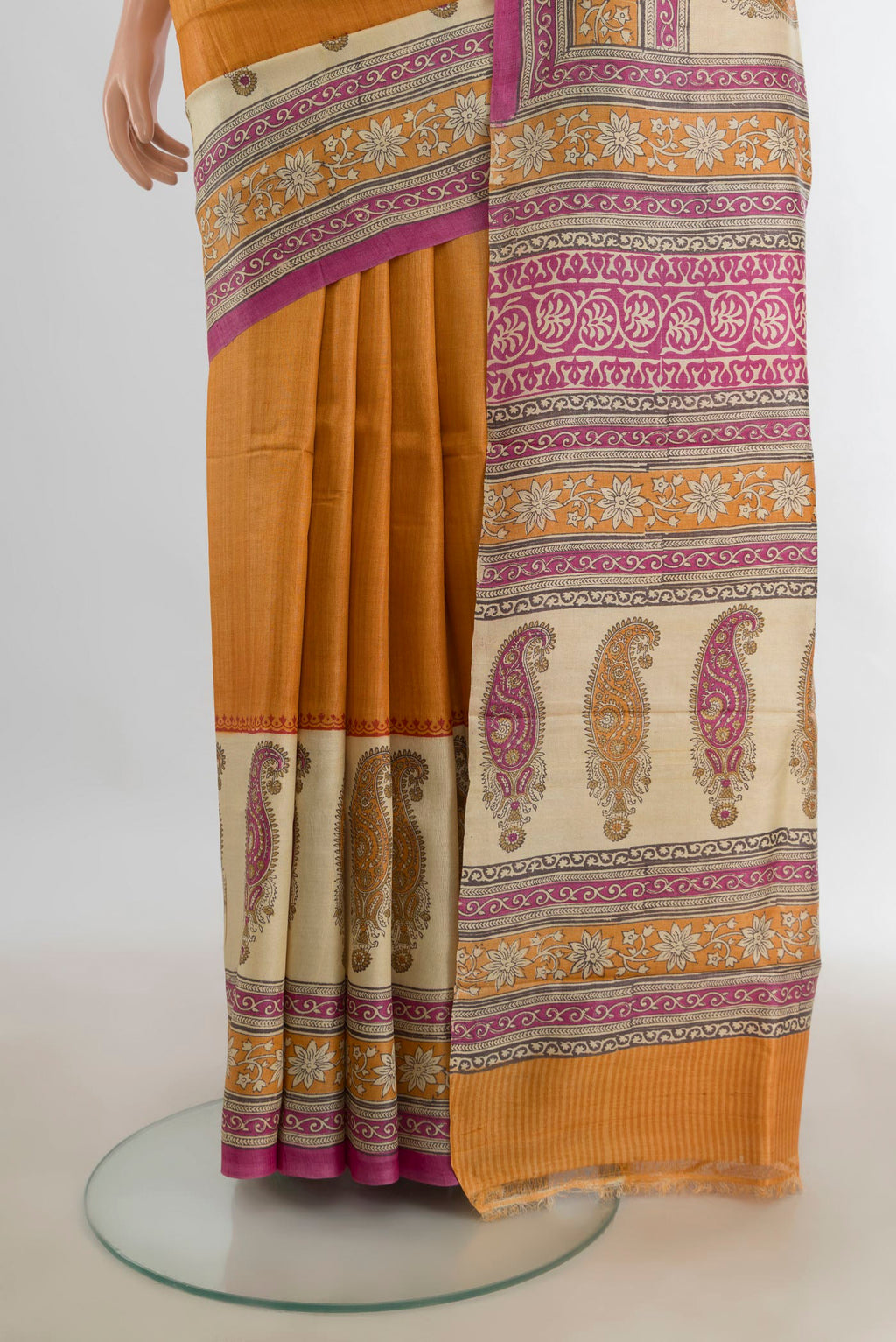 Pleats and pallu of Multi Color Tussar Saree with Floral Print on the body and Silk Border. 