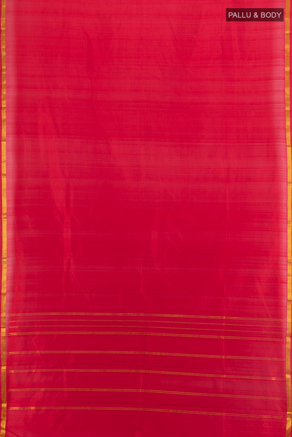 Flat view of Pure Silk Red Kanchipuram Saree with Plain Body and Zari Border. 