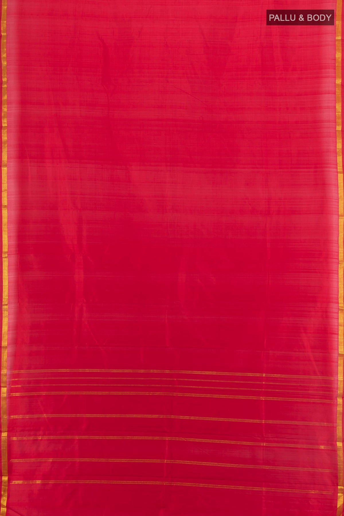 Flat view of Pure Silk Red Kanchipuram Saree with Plain Body and Zari Border. 