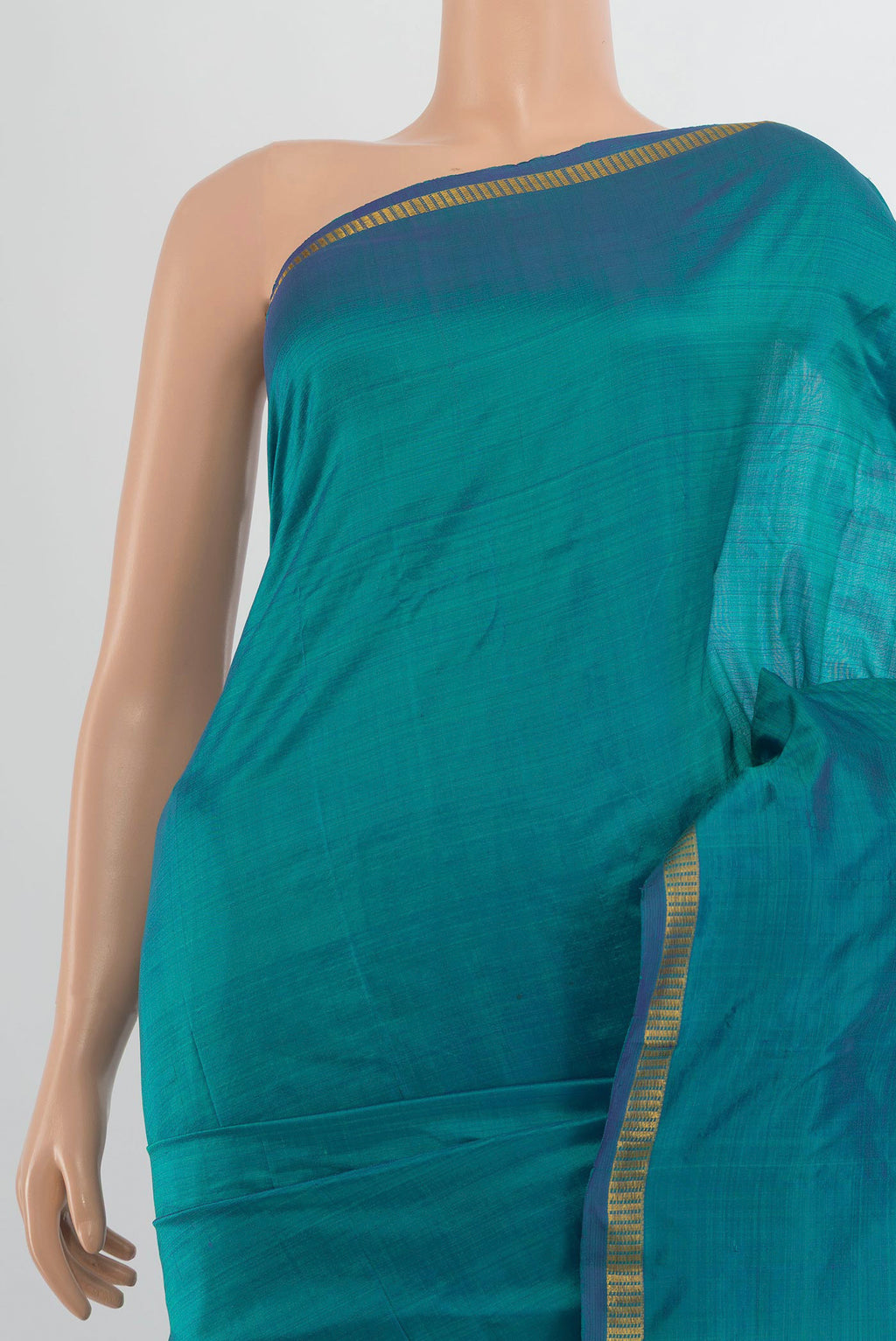Border image of Pure Silk Peacock Blue Kanchipuram Saree with Plain Body and Silk Border. 