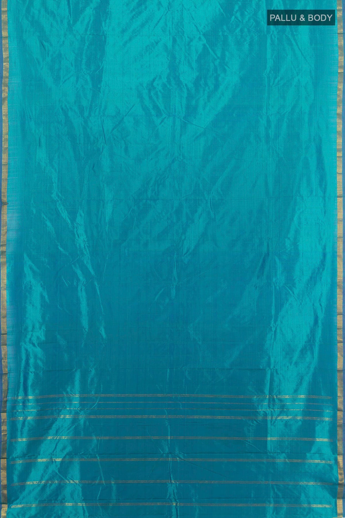 Flat view of Pure Silk Peacock Blue Kanchipuram Saree with Plain Body and Silk Border. 