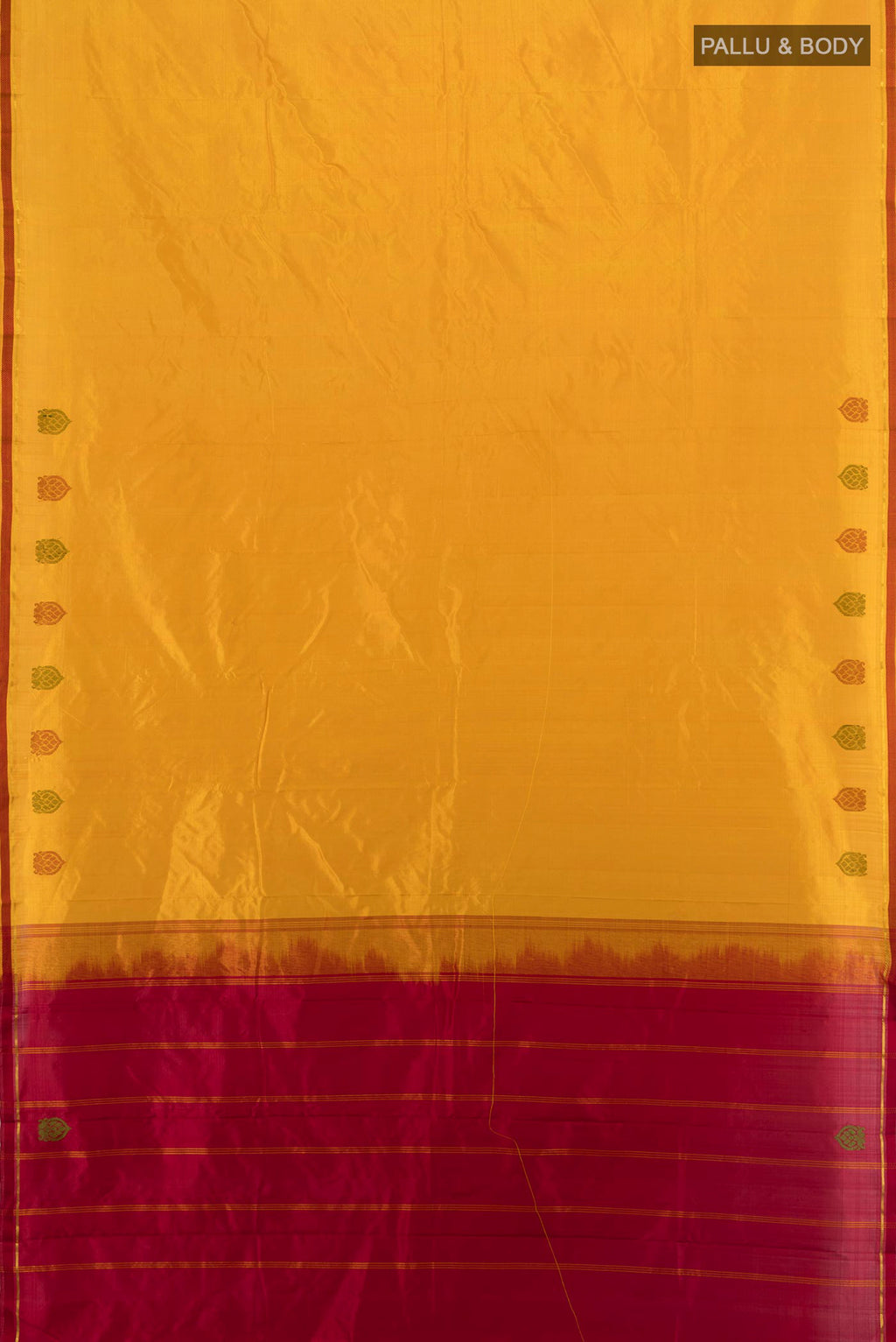Flat view of Pure Silk Mustard Kanjivaram Saree with Plain Body and Thread Border. 