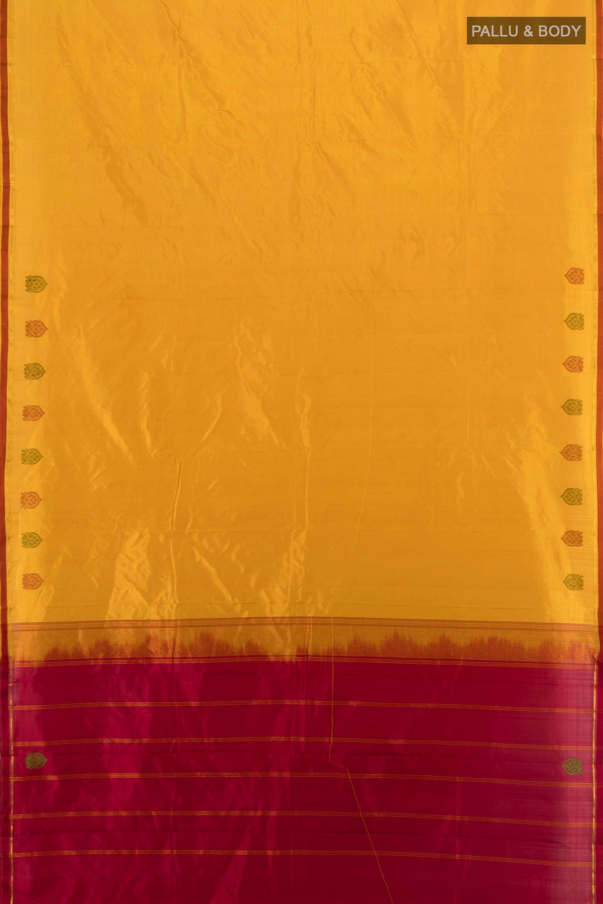 Flat view of Pure Silk Mustard Kanjivaram Saree with Plain Body and Thread Border. 