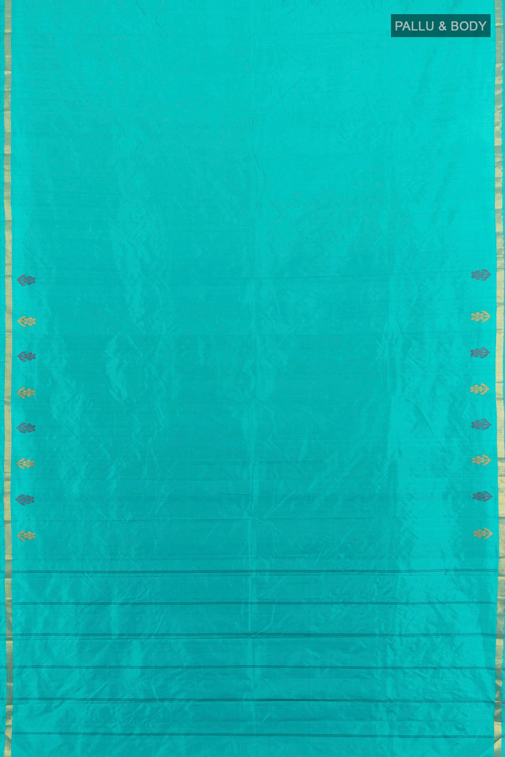 Flat view of Pure Silk Turquoise Kanjivaram Saree with Plain Body and Zari Border. 