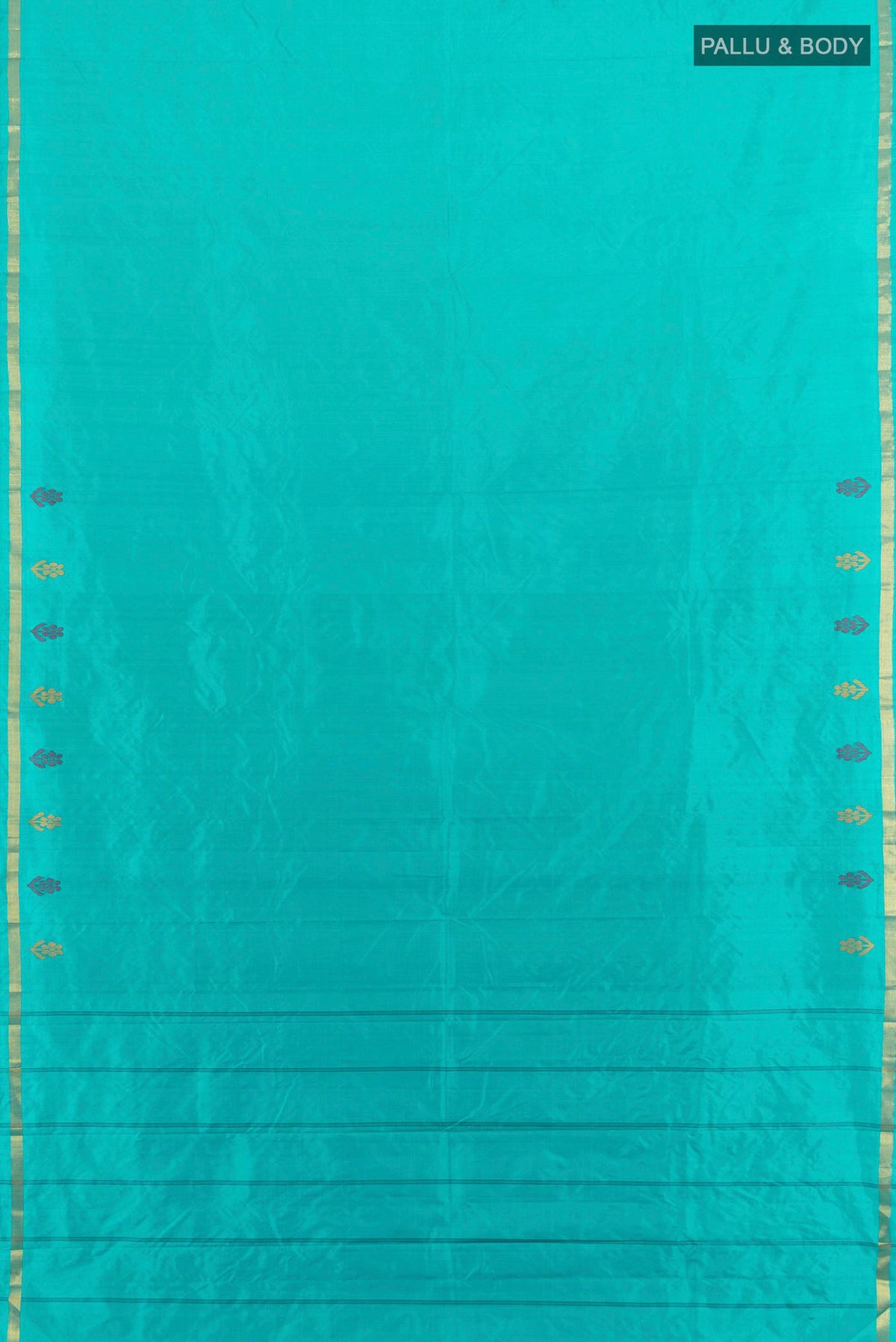 Flat view of Pure Silk Turquoise Kanjivaram Saree with Plain Body and Zari Border. 
