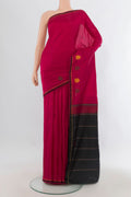 Pure Silk Maroon Kanjivaram Saree with Plain Body and Zari And Thread Border.  displayed on a mannequin