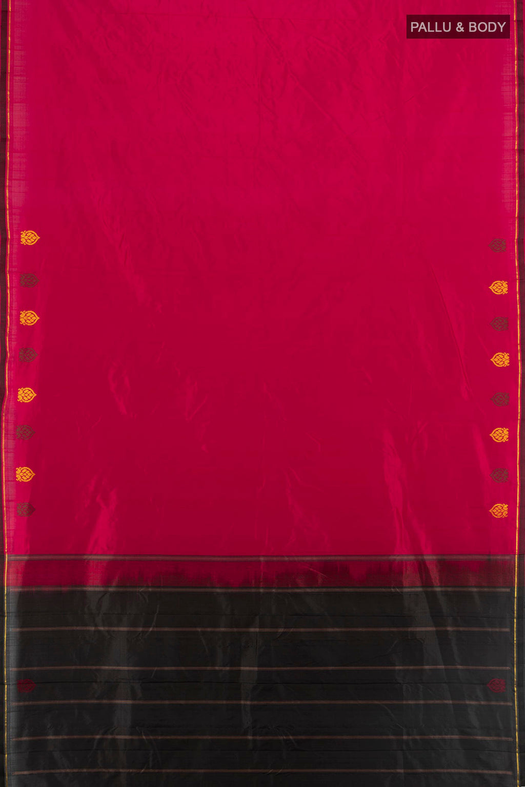 Flat view of Pure Silk Maroon Kanjivaram Saree with Plain Body and Zari And Thread Border. 